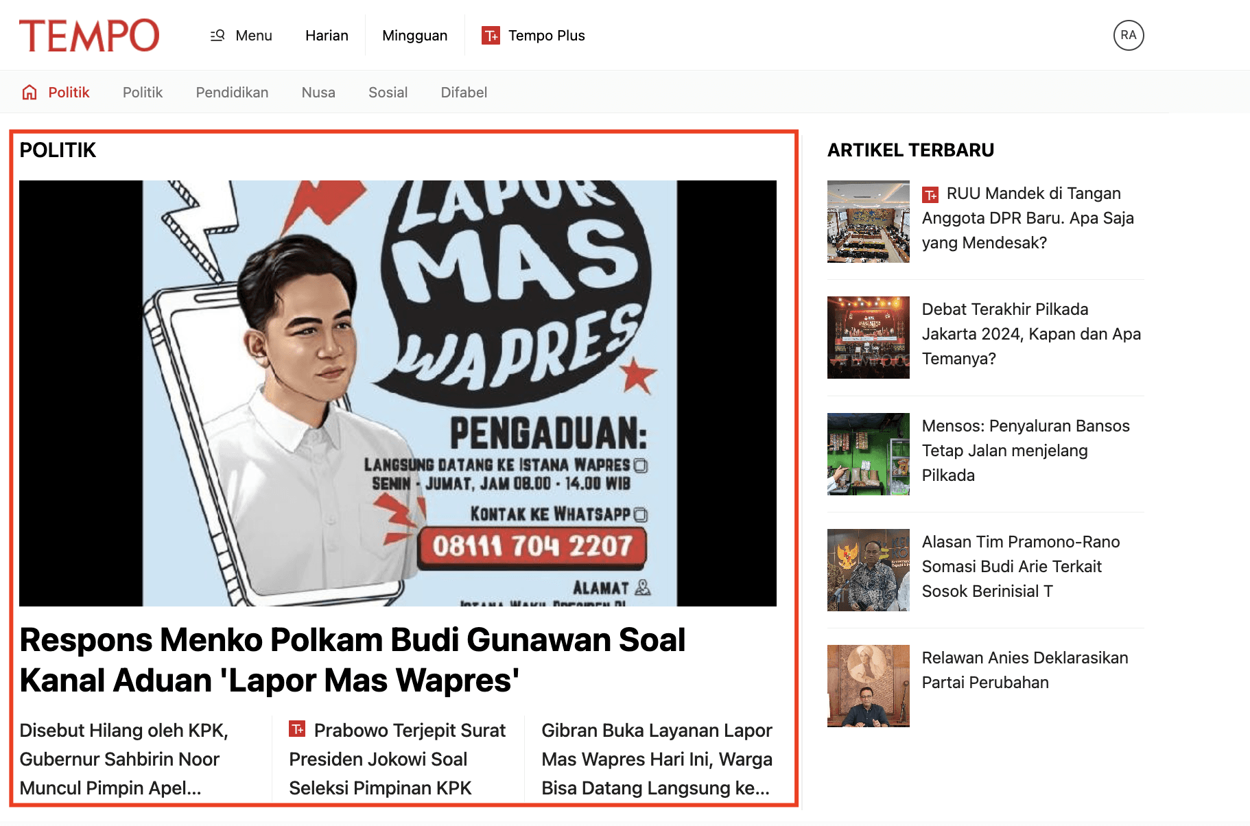 Step #12: Selanjutnya Redaksi dapat menuju ke Tempo Single Brand untuk mengecek apakah Berita Utama Rubrik yang dibuat, berhasil tampil di web.