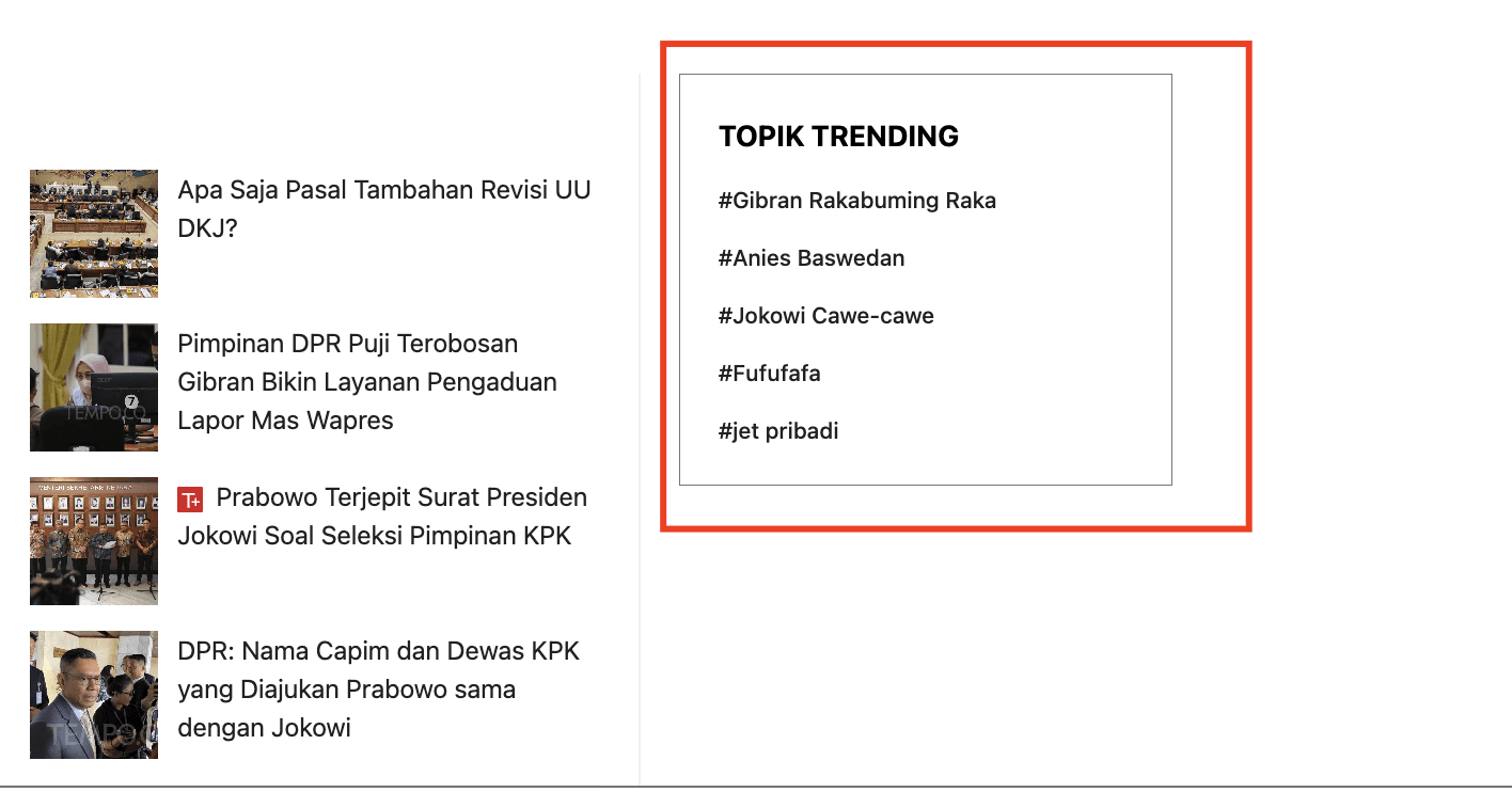 Step #21: Selanjutnya Redaksi dapat menuju ke Tempo Single Brand untuk mengecek apakah Topik Trending yang dibuat, berhasil tampil di web.