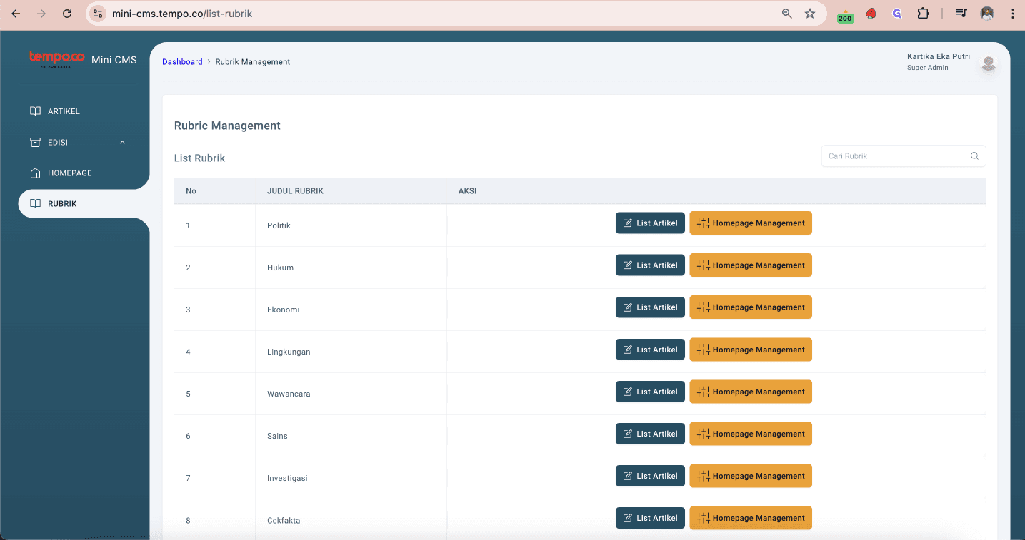 Step #2: Pada halaman ini, Redaksi dapat melihat semua list rubrik yang dimiliki oleh Tempo. Redaksi juga dapat melihat list artikel yang ada di setiap rubrik, dengan klik tombol 'List Artikel'