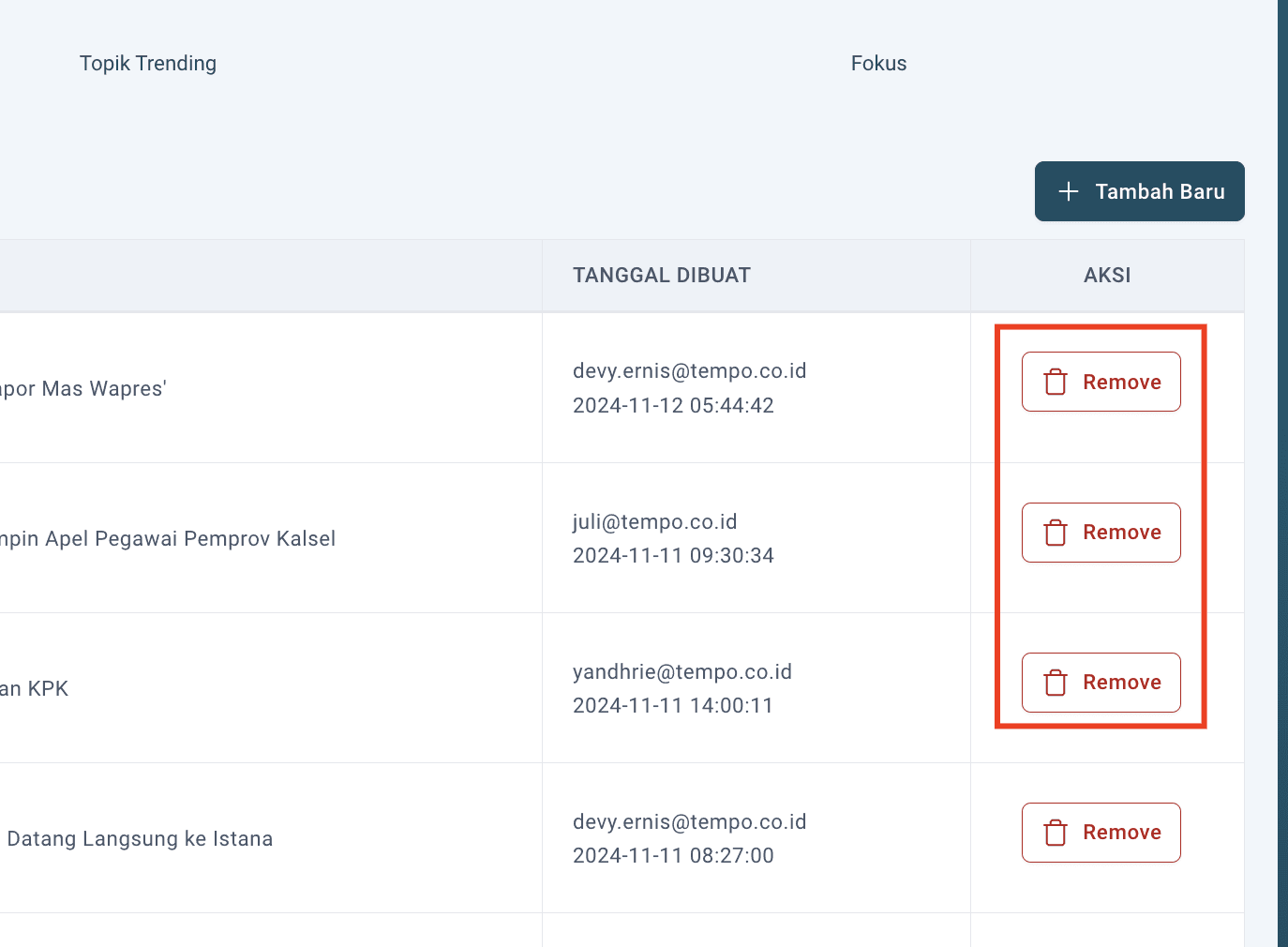 Step #13: Untuk menghapus salah satu artikel pada list Berita Utama yang ditampilkan di Homepage Tempo, Redaksi dapat kembali ke Mini CMS - Single Brand dan klik disini