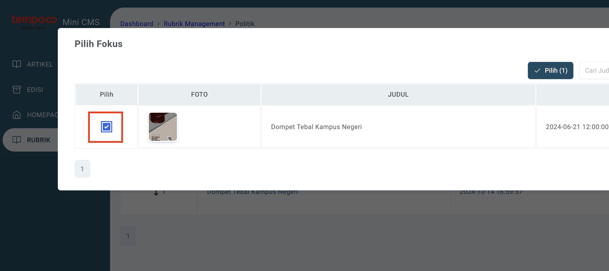 Step #24: Kemudian Redaksi dapat mulai memilih Fokus yang akan ditampilkan di Homepage Rubrik