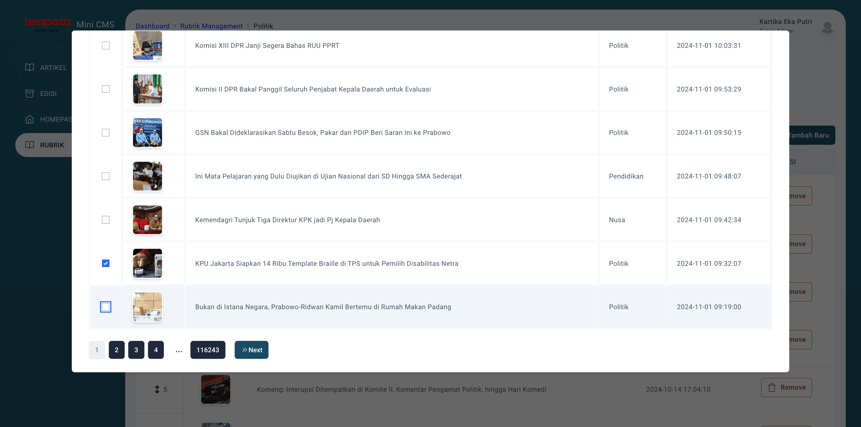 Step #8: Kemudian Redaksi dapat mulai memilih artikel yang akan dijadikan sebagai Berita Utama di Homepage Rubrik terkait. Minimal jumlah artikel yang dipilih adalah 10