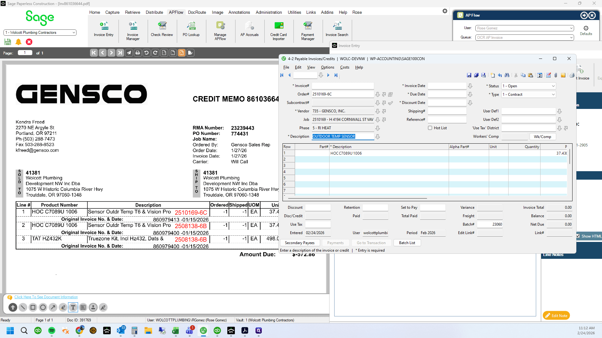 Step #60: Paste invoice number and enter credit into Sage 100