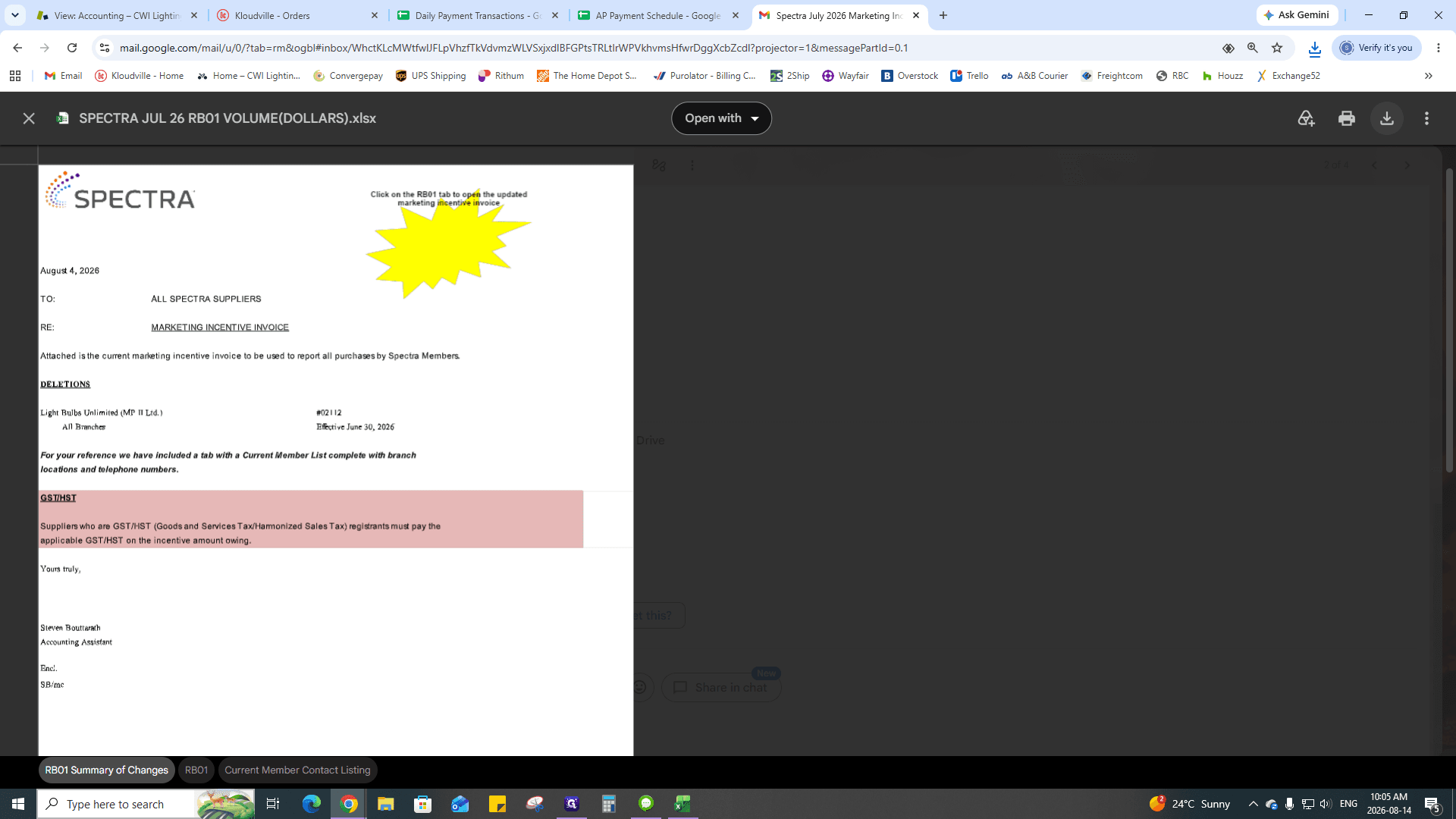 Step #3: From the Spectra AR email, download the Marketing Incentive Invoice volume spreadsheet.