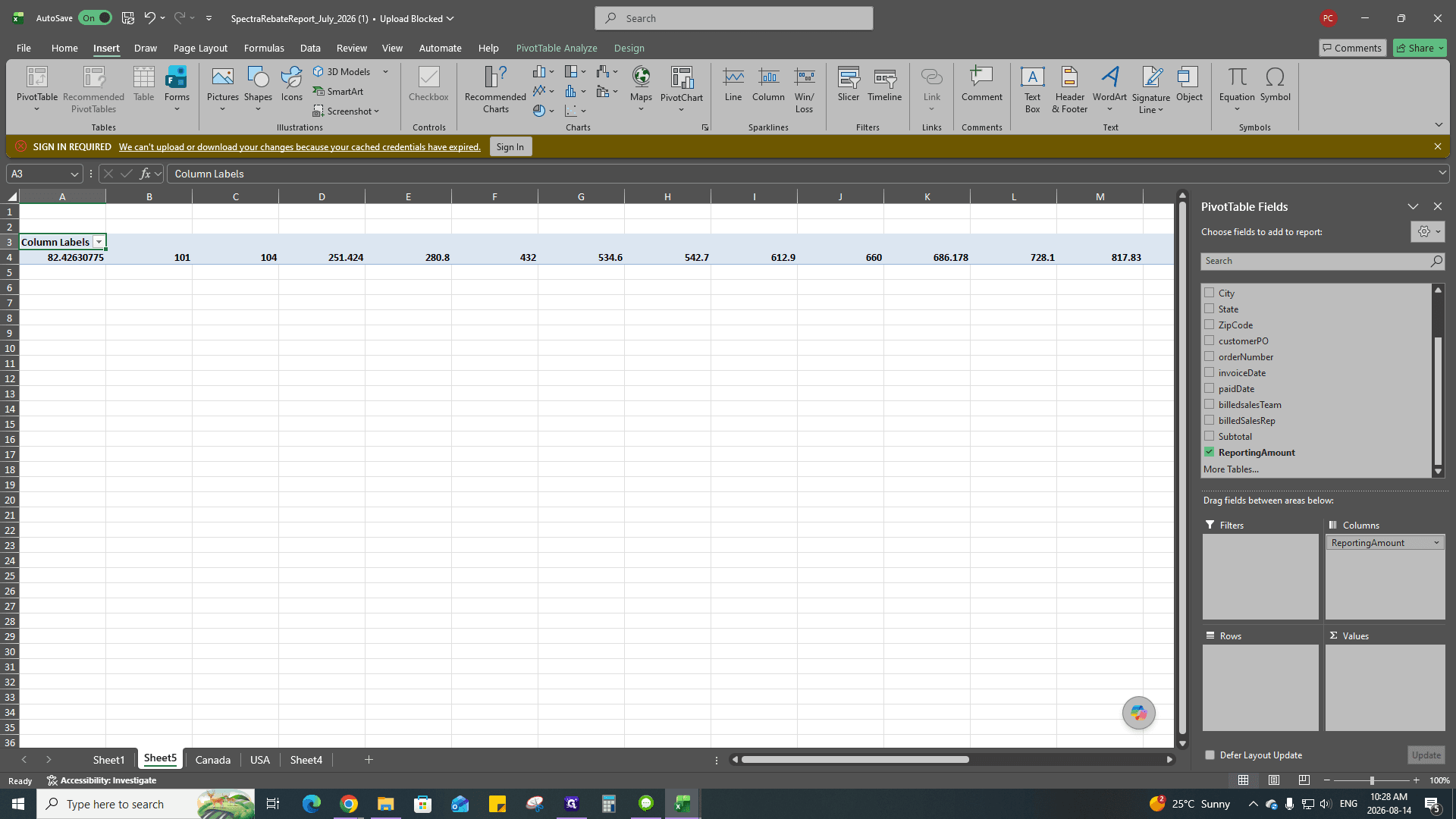 Step #48: Drag ReportingAmount into the Values area to output the Sum of ReportingAmount.