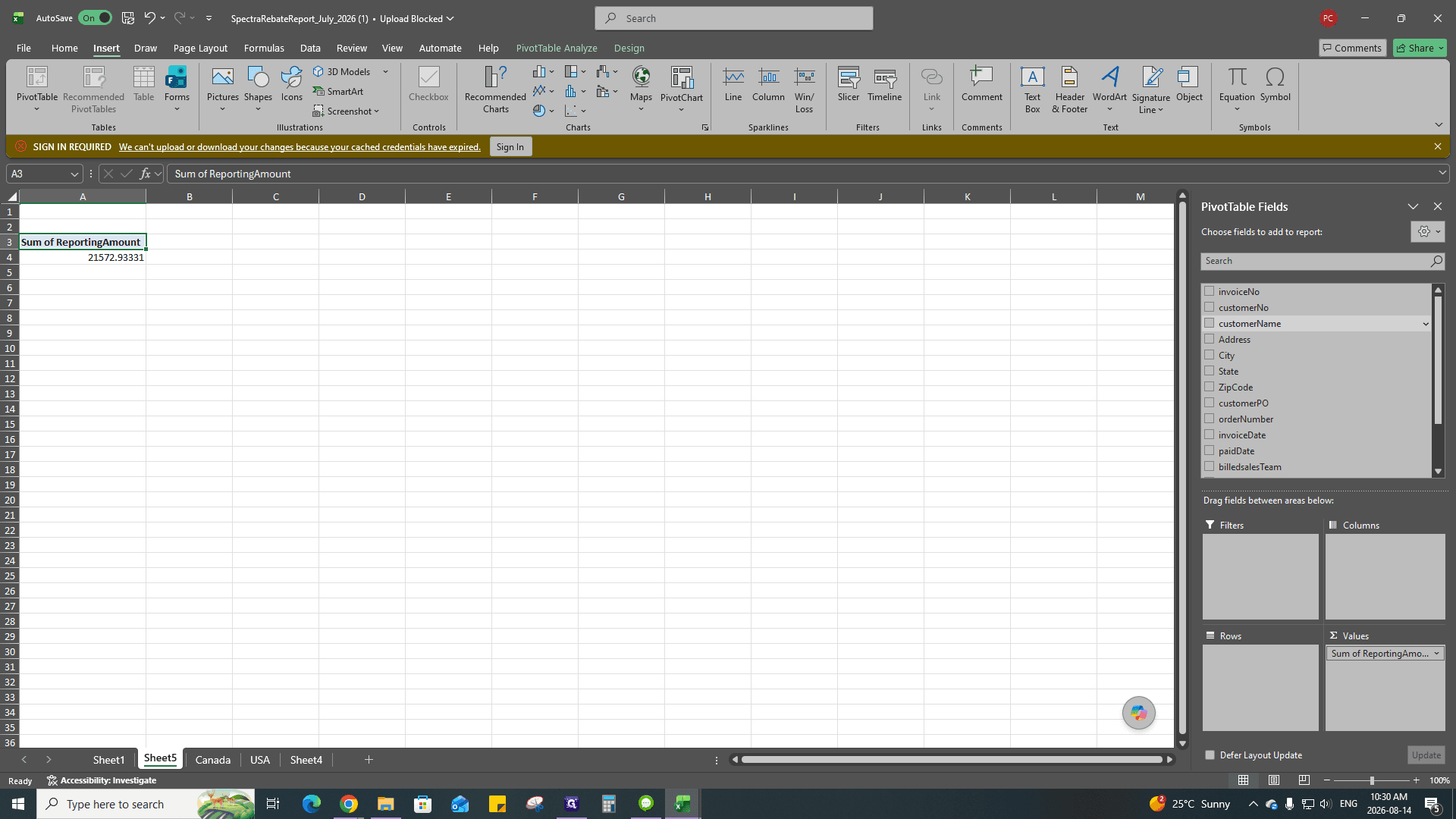 Step #47: In the PivotTable Fields pane, drag customerName into the Rows area.