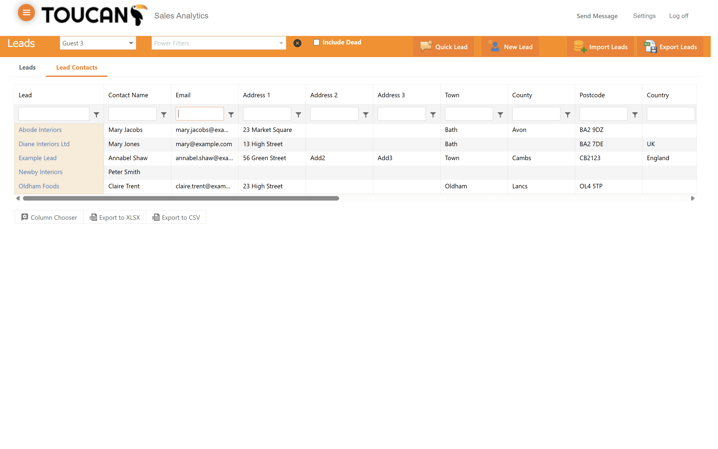 Step #2: Select the Lead Contacts tab to view individual leads stored in your Toucan system. Use the filter input fields under column headers, such as the email address, to search for specific leads.