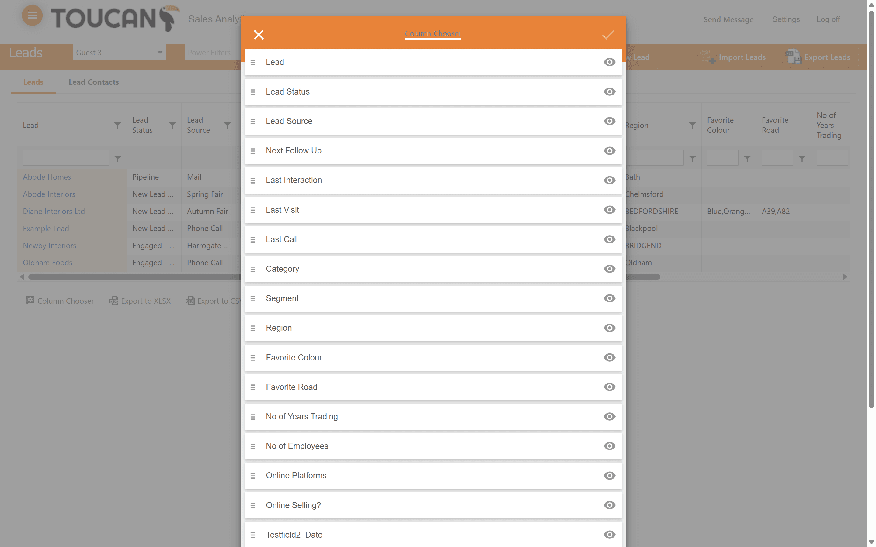 Step #8: Use the eye icons next to each column name to toggle its visibility on or off, and drag items to reorder them.