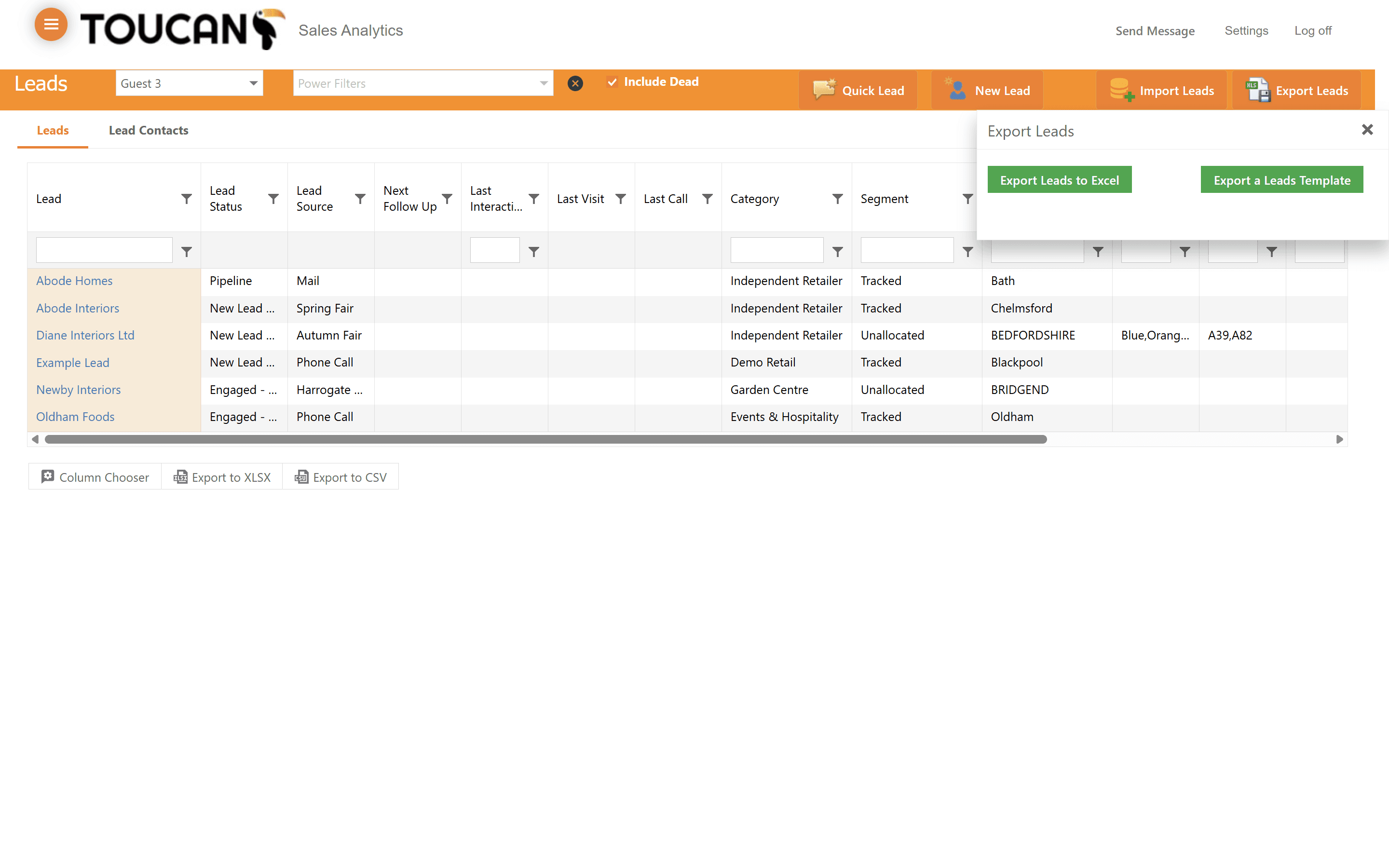 Step #22: Select Export Leads to Excel or download an Export a Leads Template from the modal dialog box.