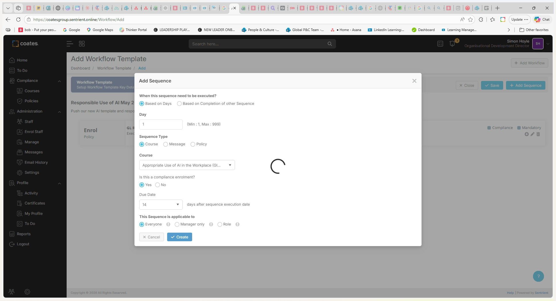 Step #15: Click ✓ Create to add the course to the workflow template.