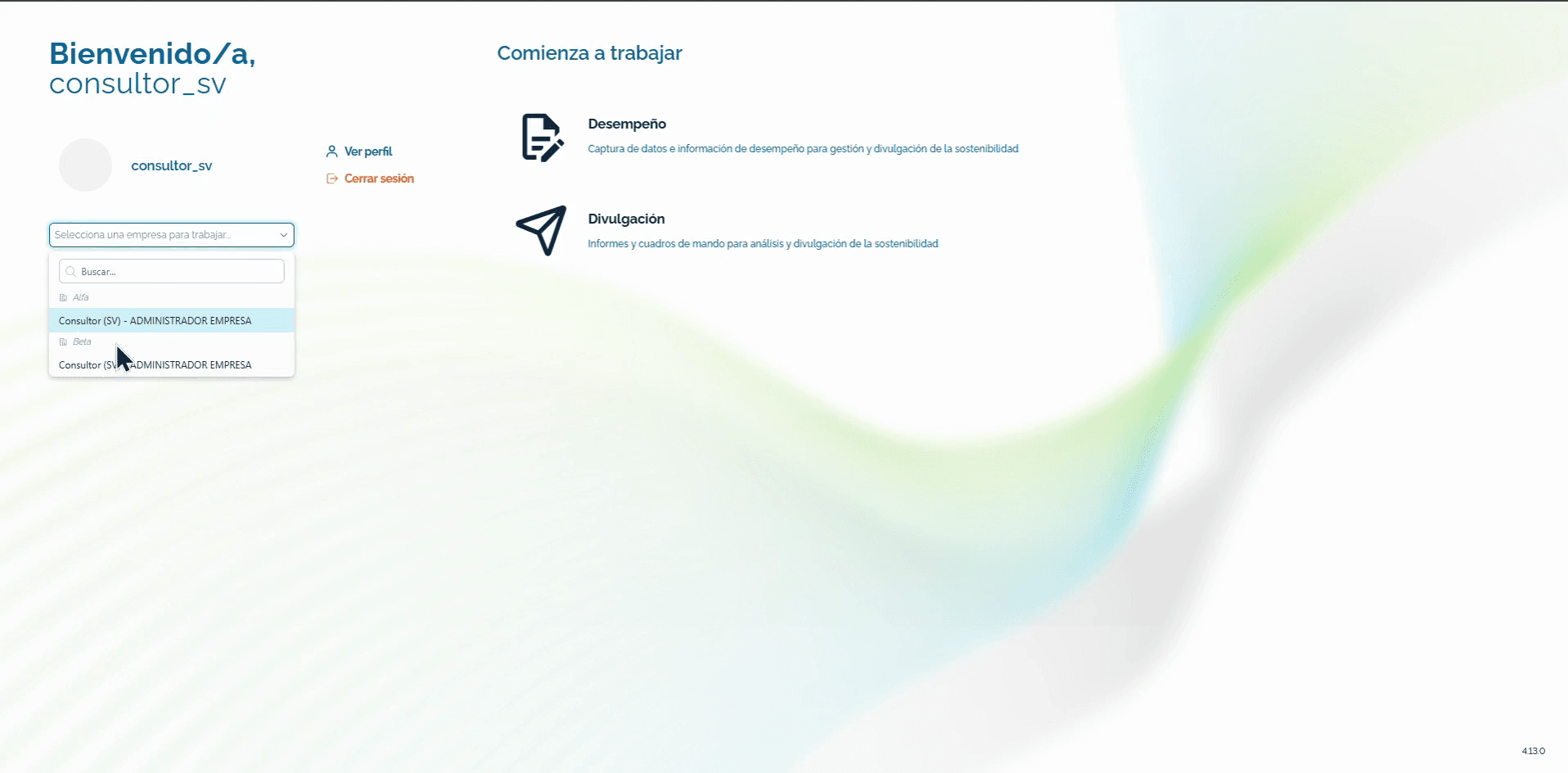 Step #2: Clic en Selecciona una empresa para trabajar donde aparecerán las empresas a las que tenemos acceso (en este caso a Alfa y Beta). Por ejemplo, si hacemos clic en la empresa Alfa: