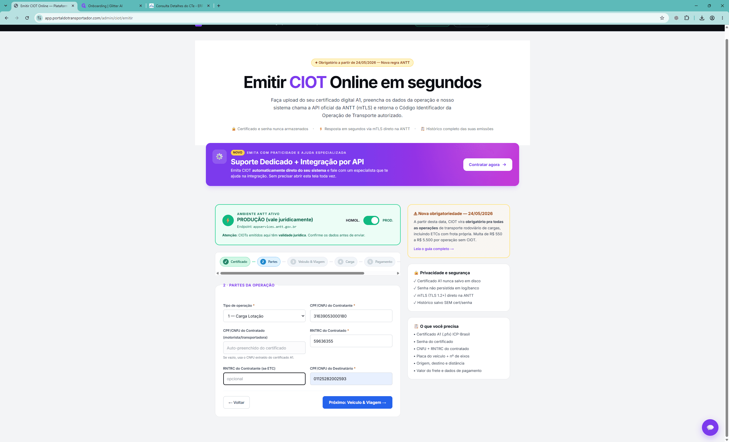 Step #11: Clique no campo RNTRC do Contratado e digite o número do registro do transportador/motorista.