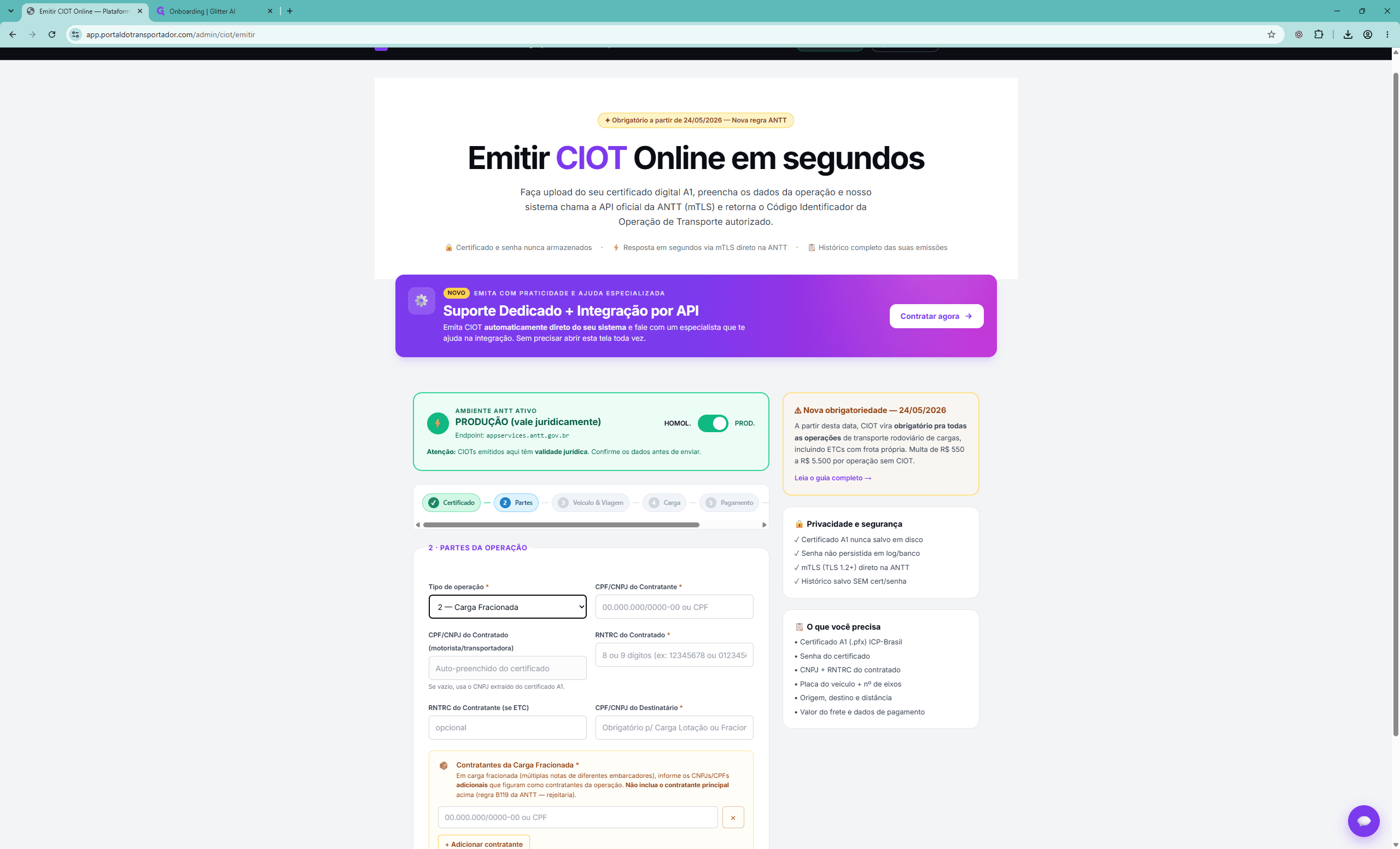 Step #8: Clique no menu suspenso Tipo de operação e selecione a modalidade da carga (por exemplo, Carga Fracionada ou Carga Lotação).