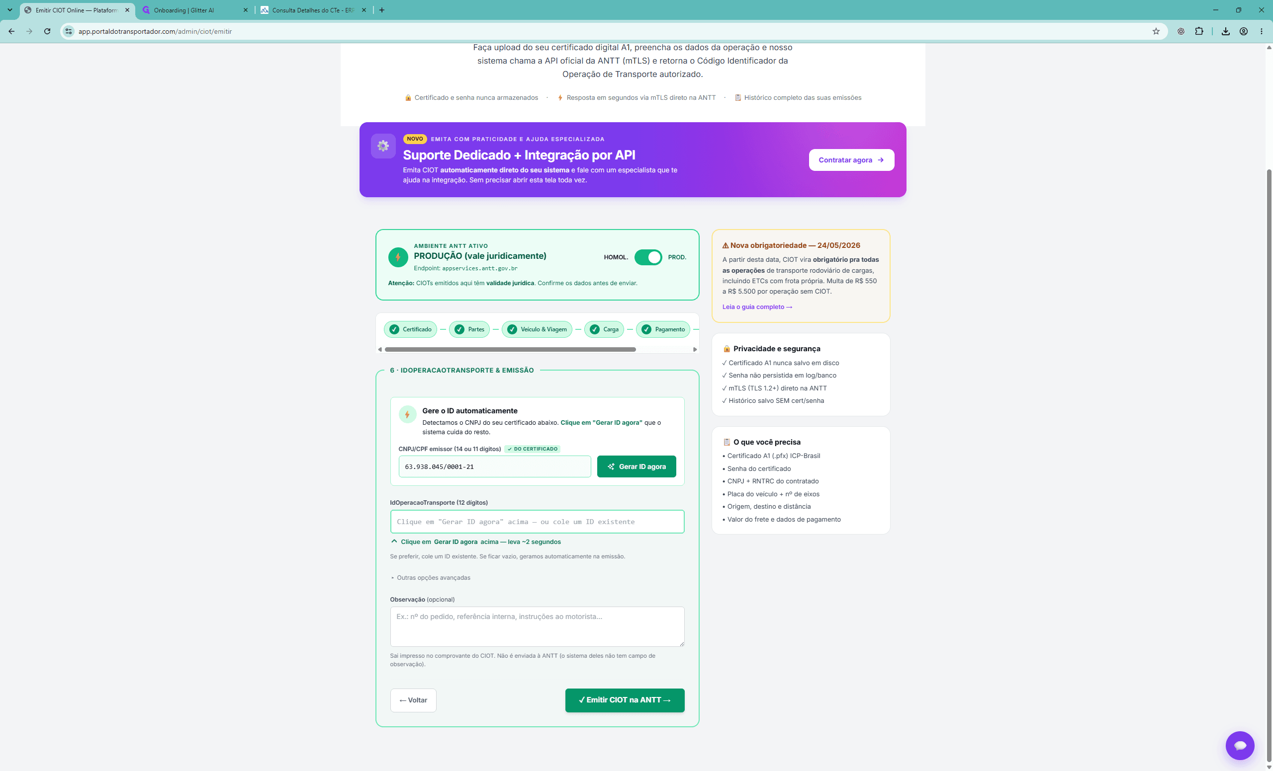 Step #34: Clique no campo IdOperacaoTransporte para gerar ou validar o identificador único da viagem.