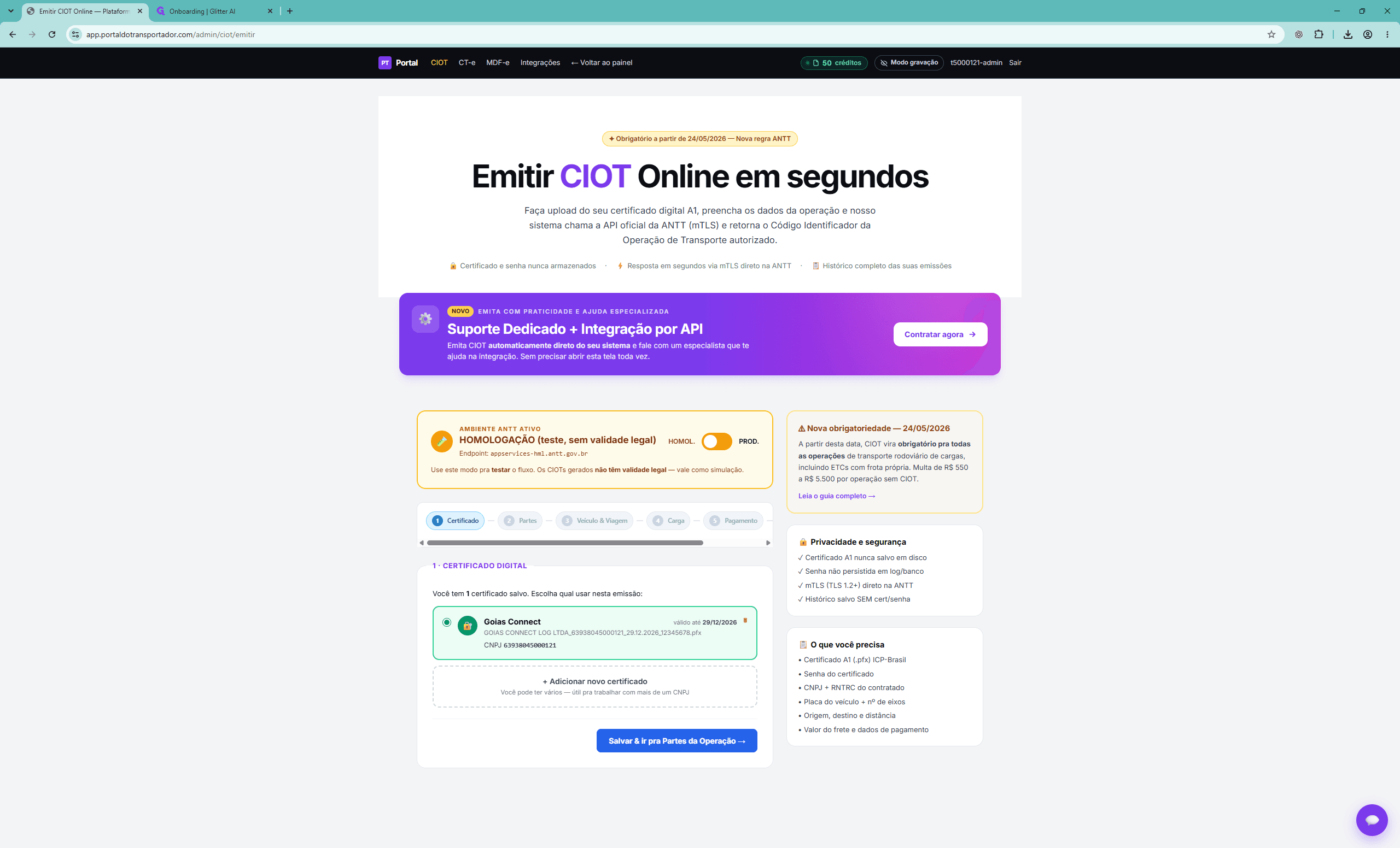 Step #6: Clique no interruptor de ambiente para alternar entre HOMOLOGAÇÃO e PRODUÇÃO conforme a necessidade da emissão.