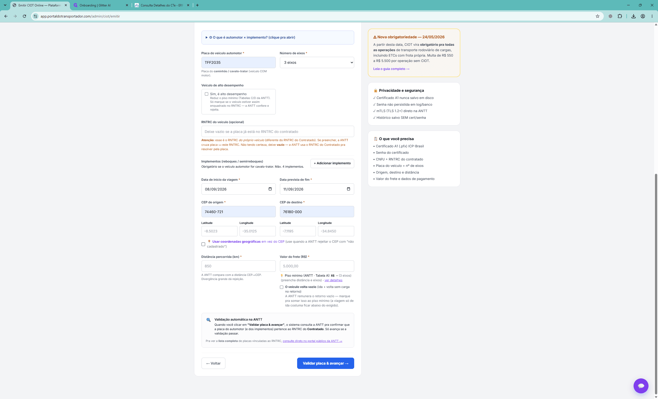 Step #18: Clique na opção Usar coordenadas geográficas em vez do CEP caso a ANTT rejeite os CEPs informados.