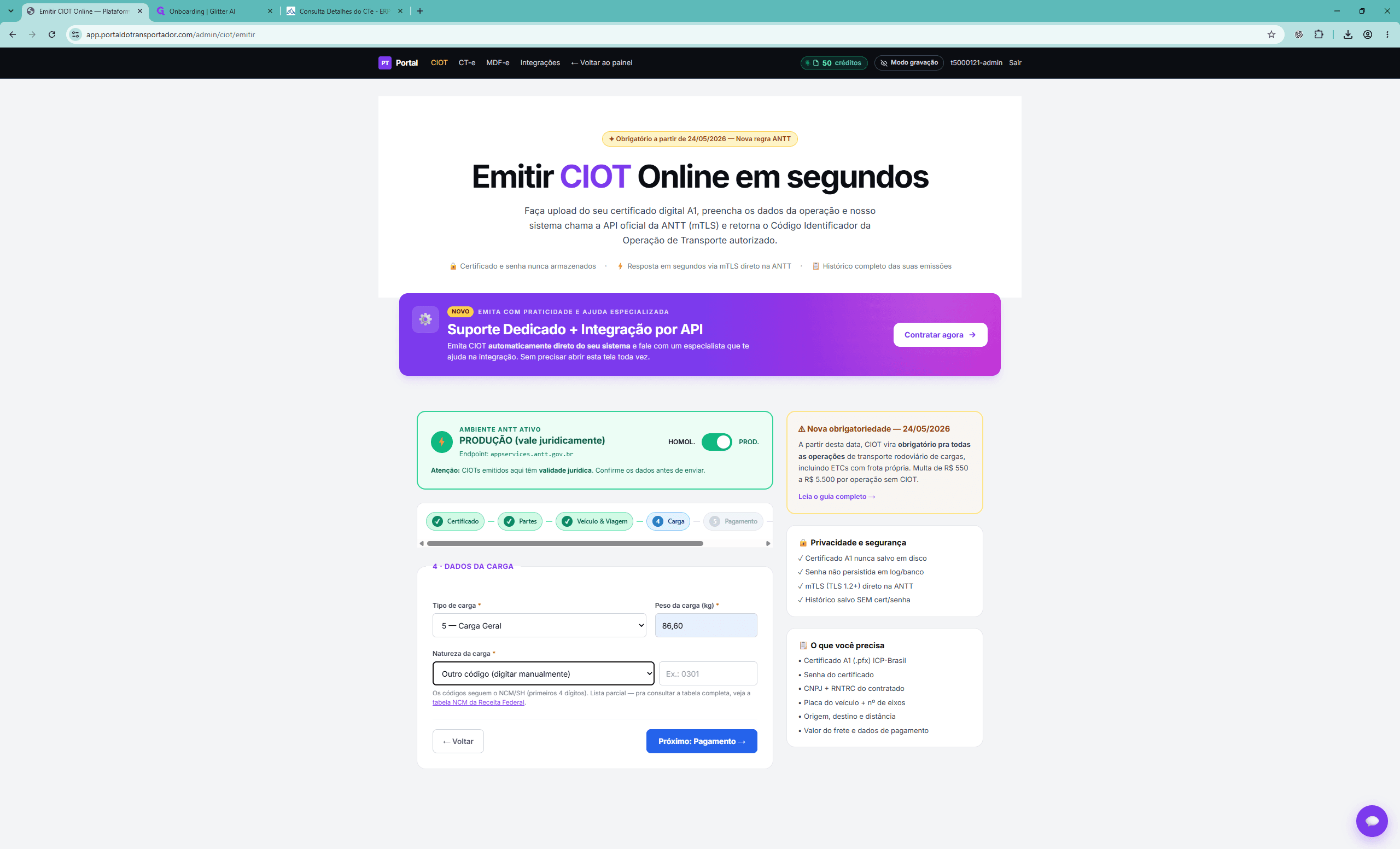 Step #25: Clique no campo Natureza da carga e digite o código correspondente da classificação fiscal/NCM.