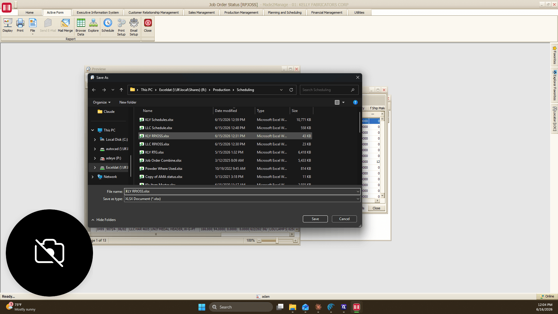 Step #8: Navigate to the production scheduling folder (e.g., your network R drive) and select the existing KLY RPJOSS.xlsx file to overwrite it.