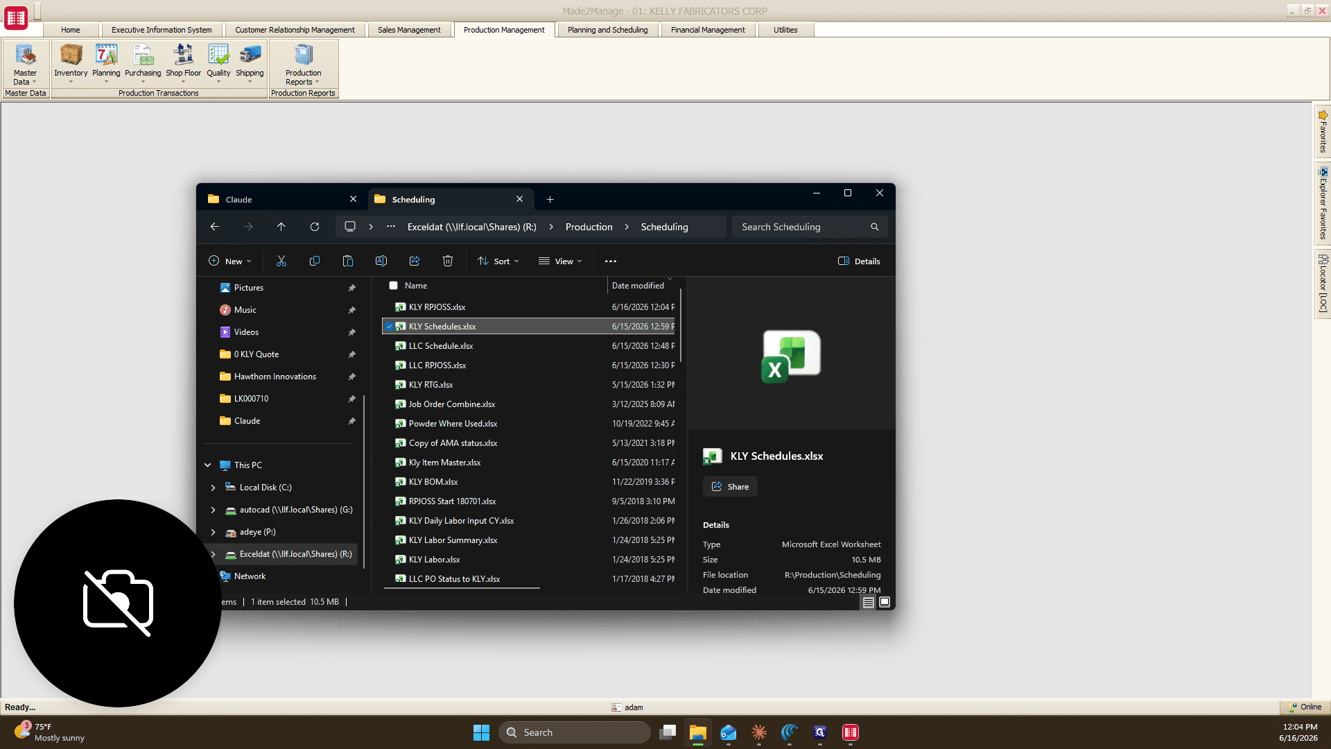 Step #13: Open File Explorer, navigate to your network scheduling folder (e.g., R:\Production\Scheduling), and double-click KLY Schedules.xlsx to open it.