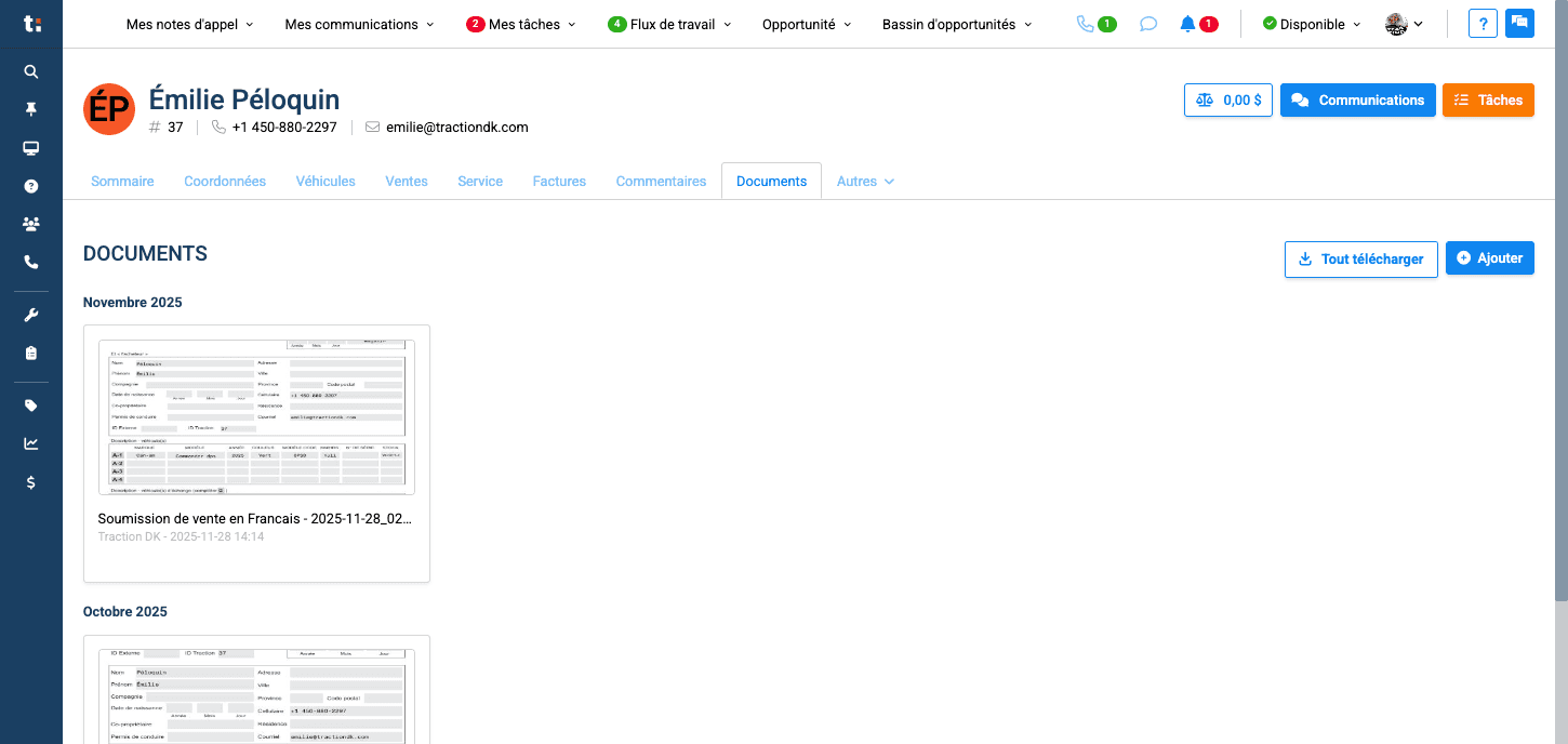 Step #5: Vous trouverez ici tous les documents, tels que photos, PDF, etc., partagés avec le client ou reçus de sa part. Ils sont organisés par date.