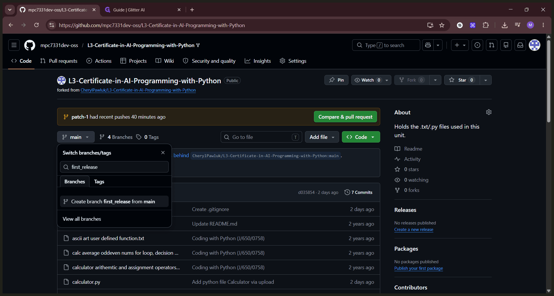 Step #4: Click Create branch first_release from main to switch to the newly created branch.