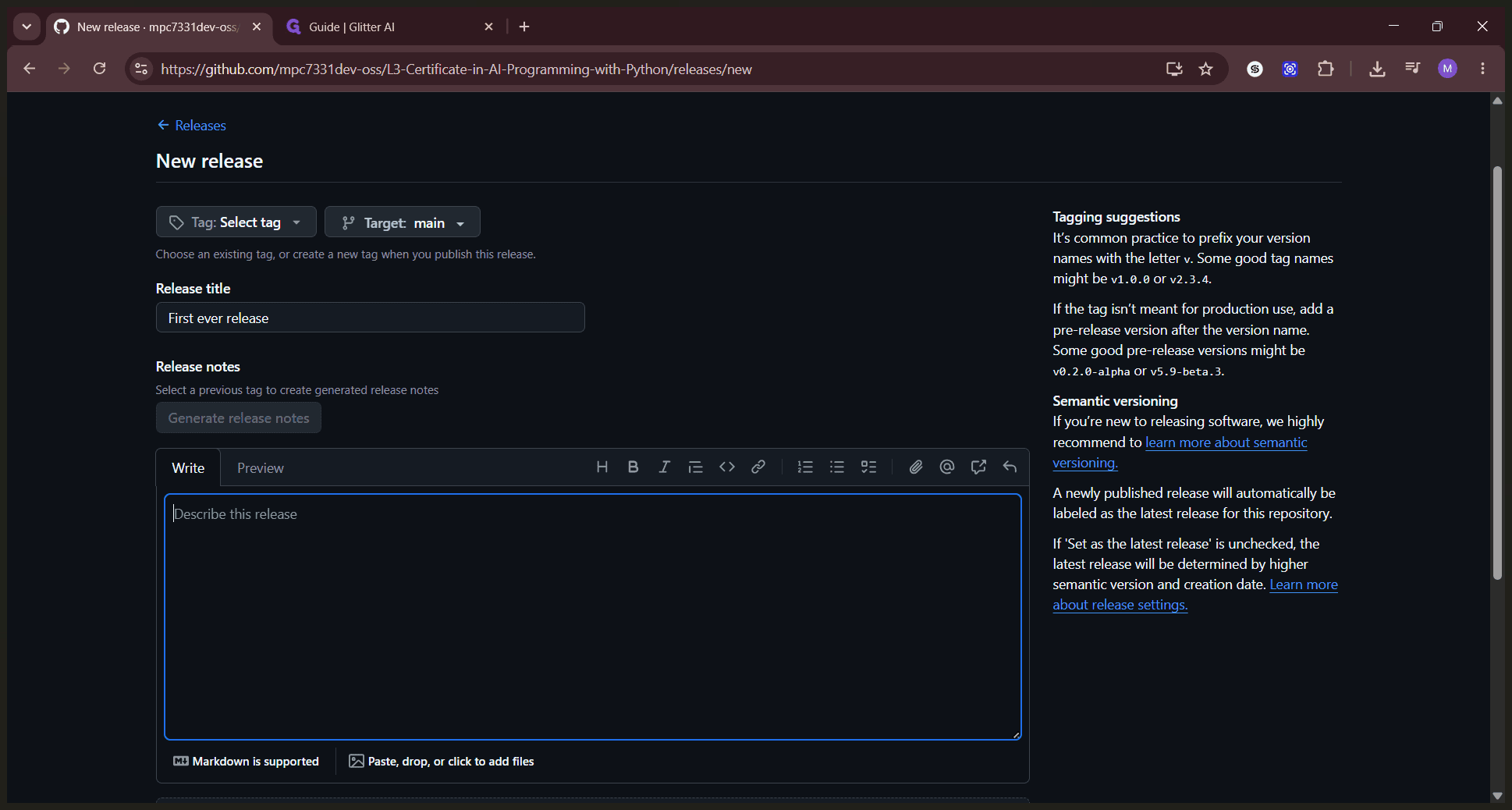 Step #7: Add details about the update in the Describe this release text box.