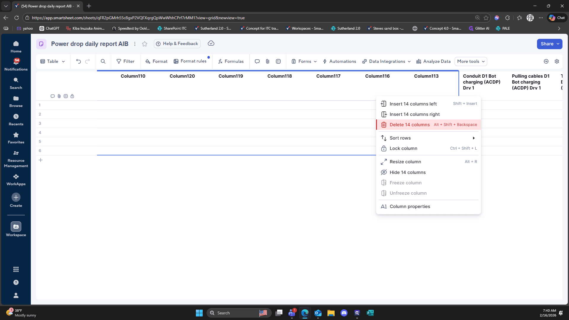 Step #201: Click on "Delete 14 columns"