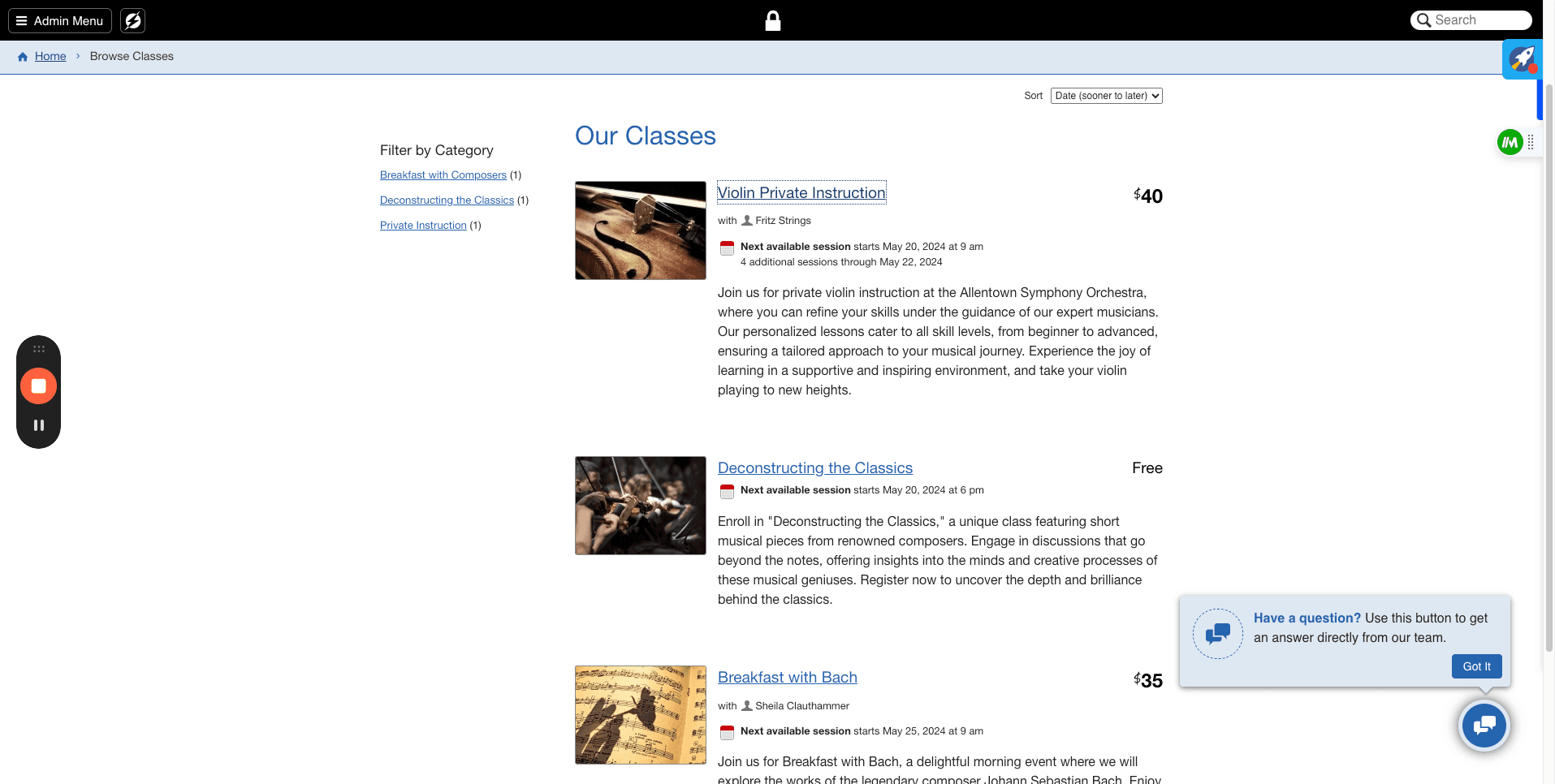 Step #13: Click "Violin Private Instruction" to display available sessions to register for. You'll see "Next available session is on May 20th," with four additional sessions through May 22nd. This is an overview of our Sessions Plugin. Feel free to ask if you have more questions.