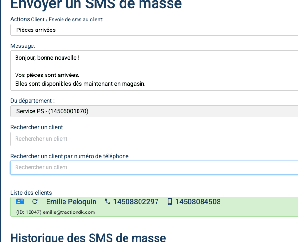 Step #7: vous allez répéter les étapes précédentes jusqu'à ce que tous les clients auquels vous désirez envoyer la communication se retrouve au bas de page. Si un numéro apparait en rouge c'est que ce client n'a pas de numéro de mobile dans sa fiche client, vous devrez alors aller modifier la fiche client pour y ajouter un numéro de mobile