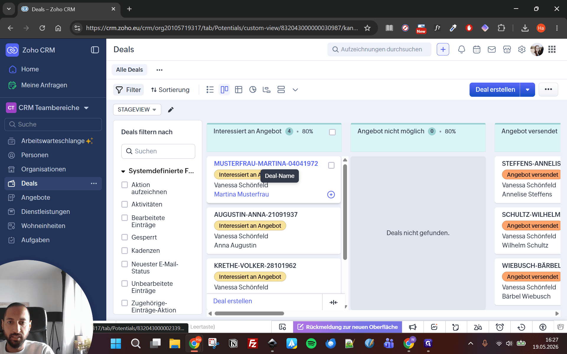 Step #2: Wählen Sie den gewünschten Deal in der Kanban-Übersicht aus, für den Sie das Angebot versenden möchten.