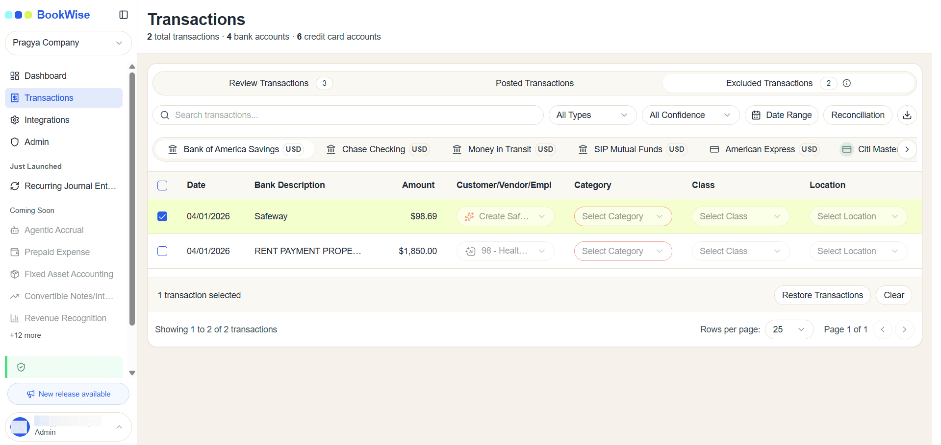 Step #1: Go to Excluded transactions tab and Select Transactions which you want to restore