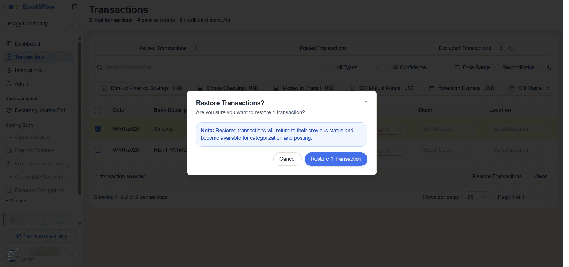 Step #3: Click on "Restore Transactions" button.