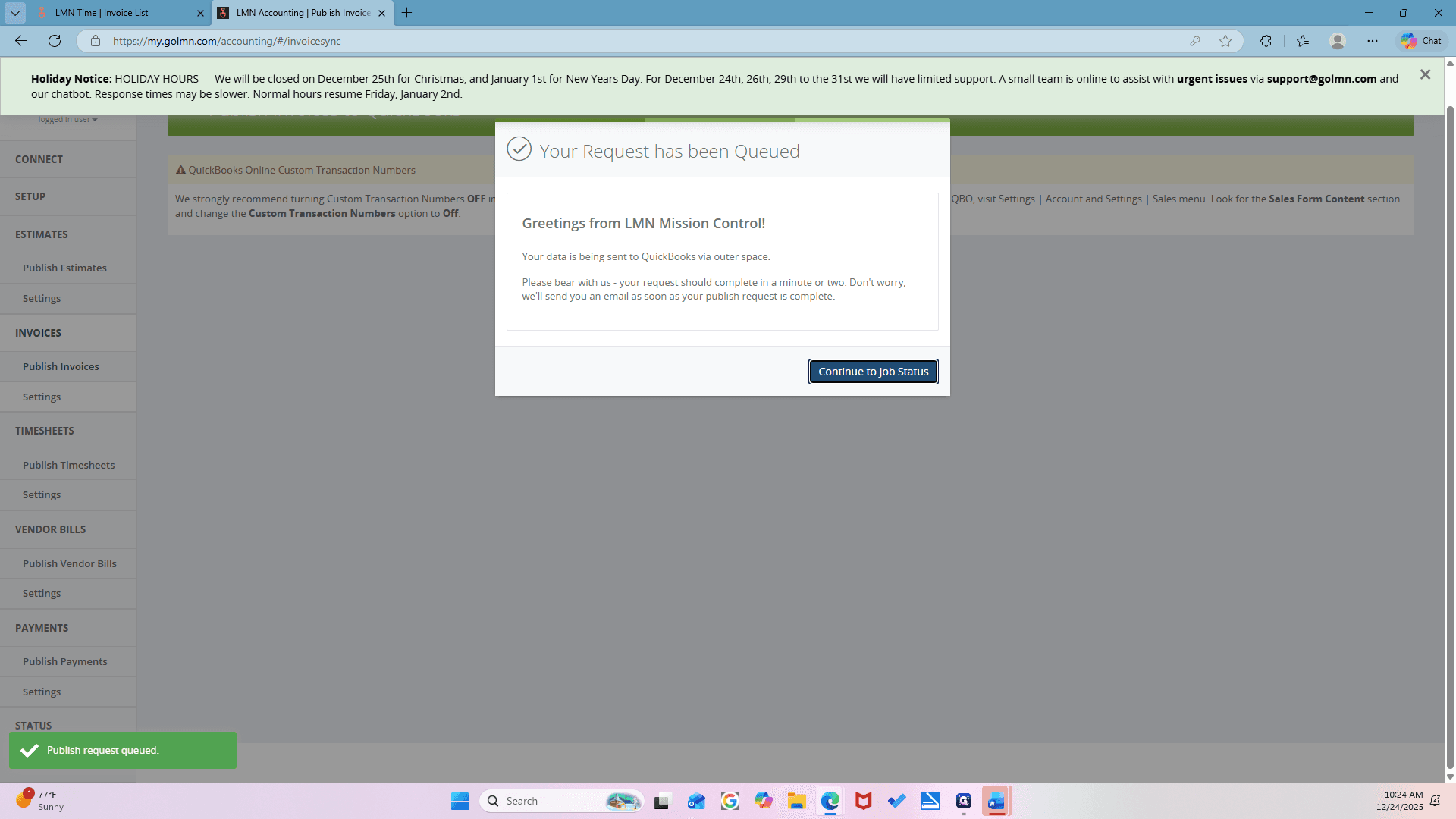 Step #24: Click on "Continue to Job Status"