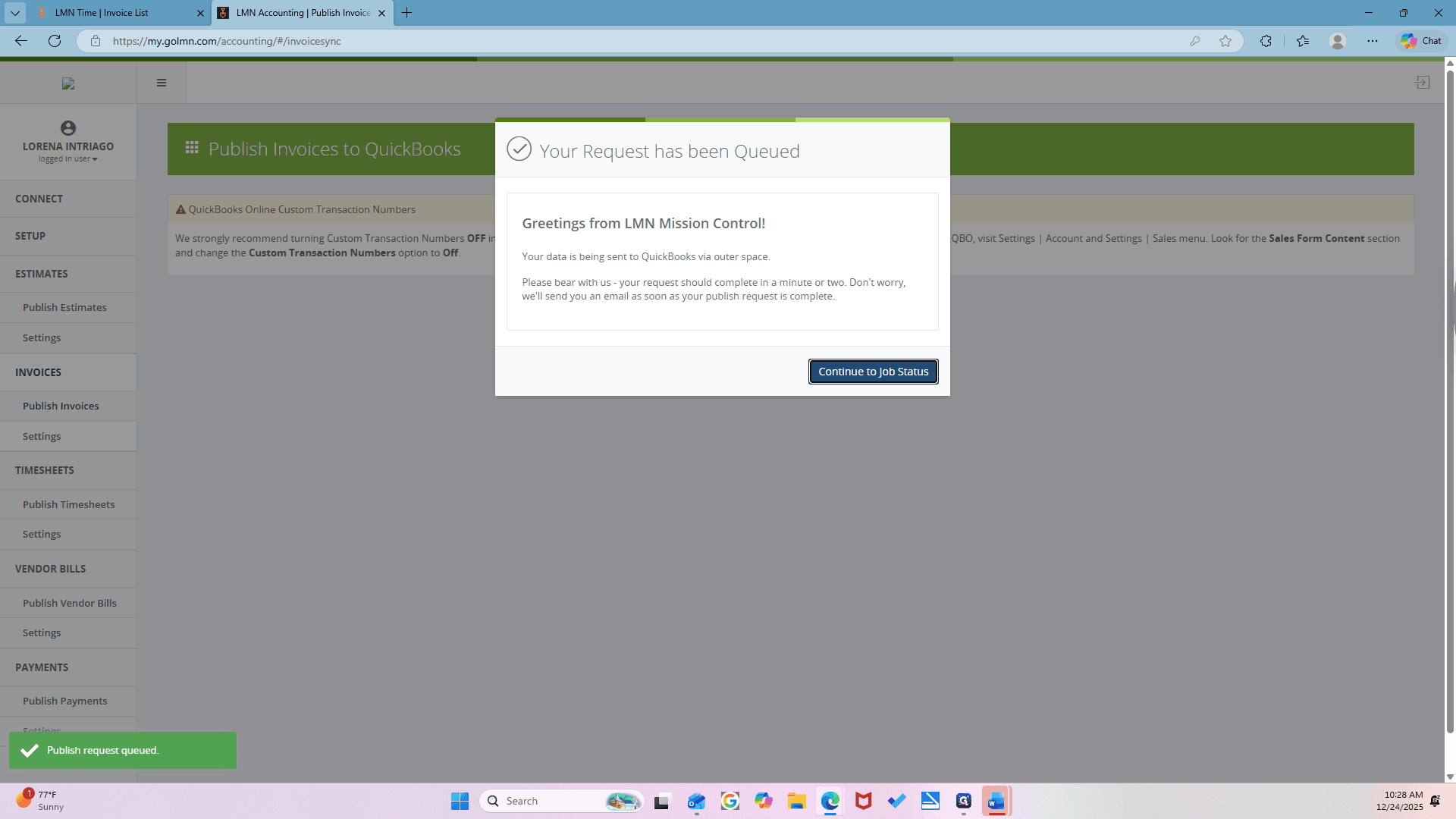Step #35: Click on "Continue to Job Status"