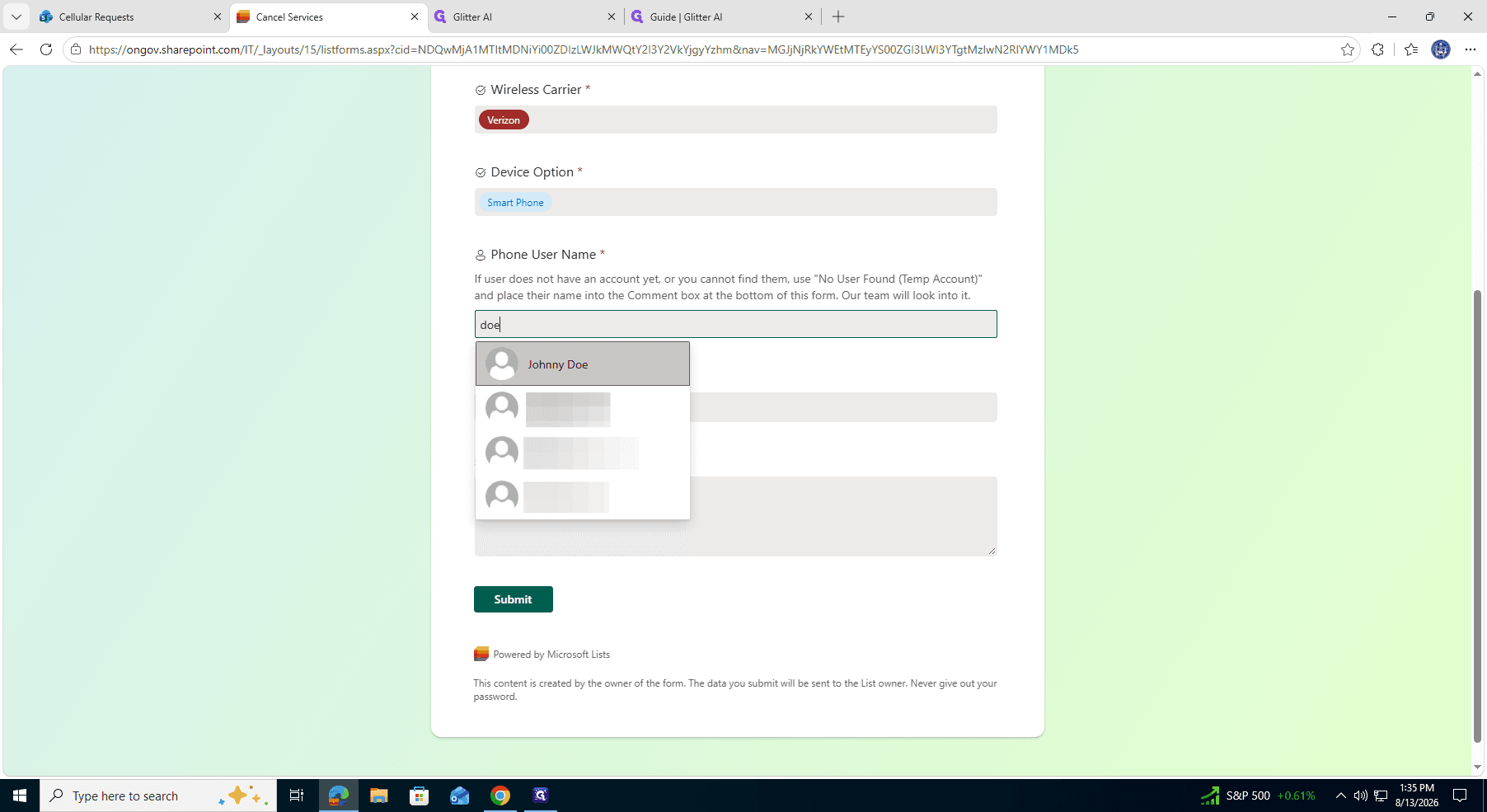Step #5: Search for and select the Phone User Name from the directory to assign the request to the correct employee.