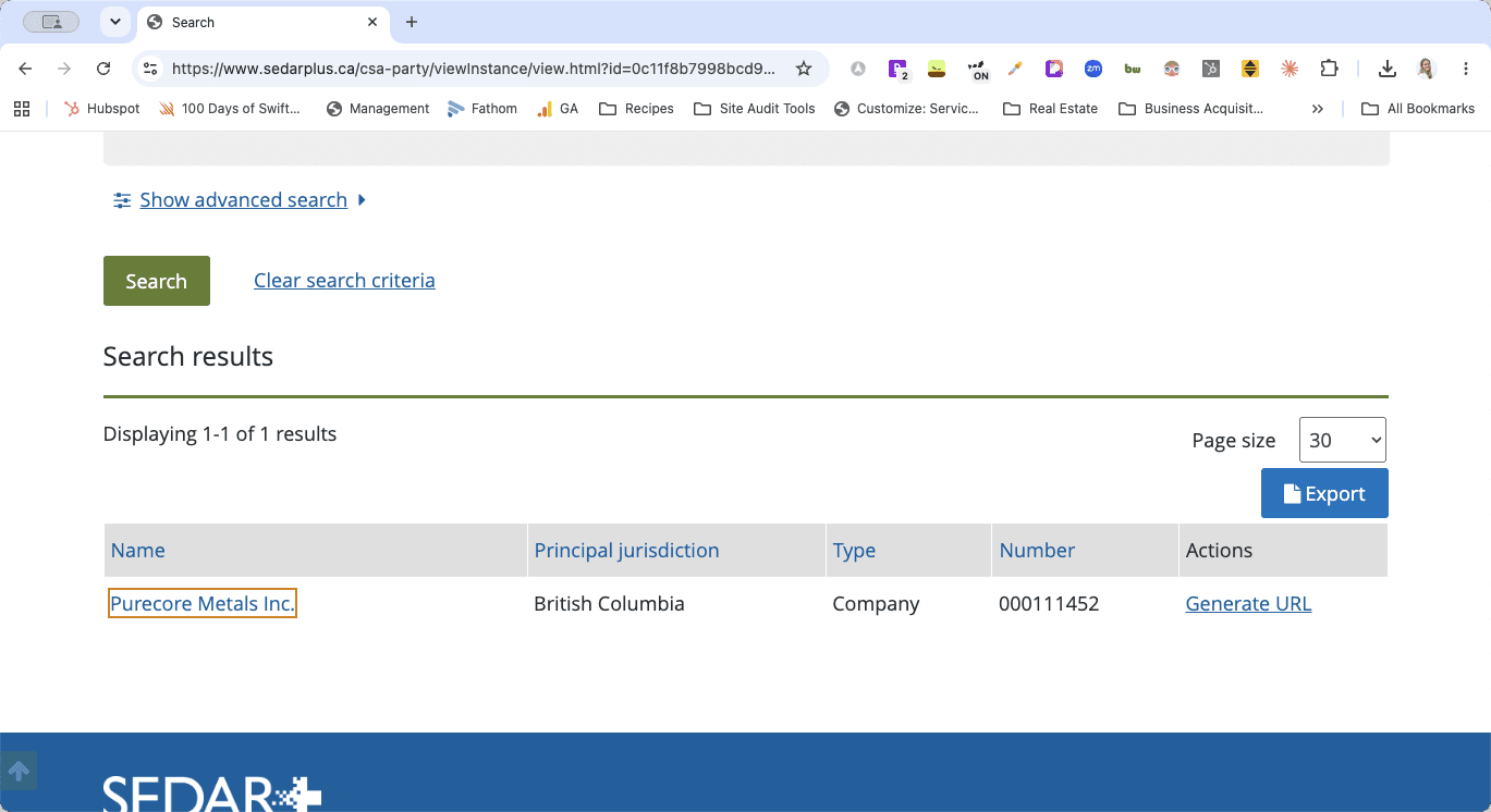 Step #6: Click on the company name in the results table to open the main profile.