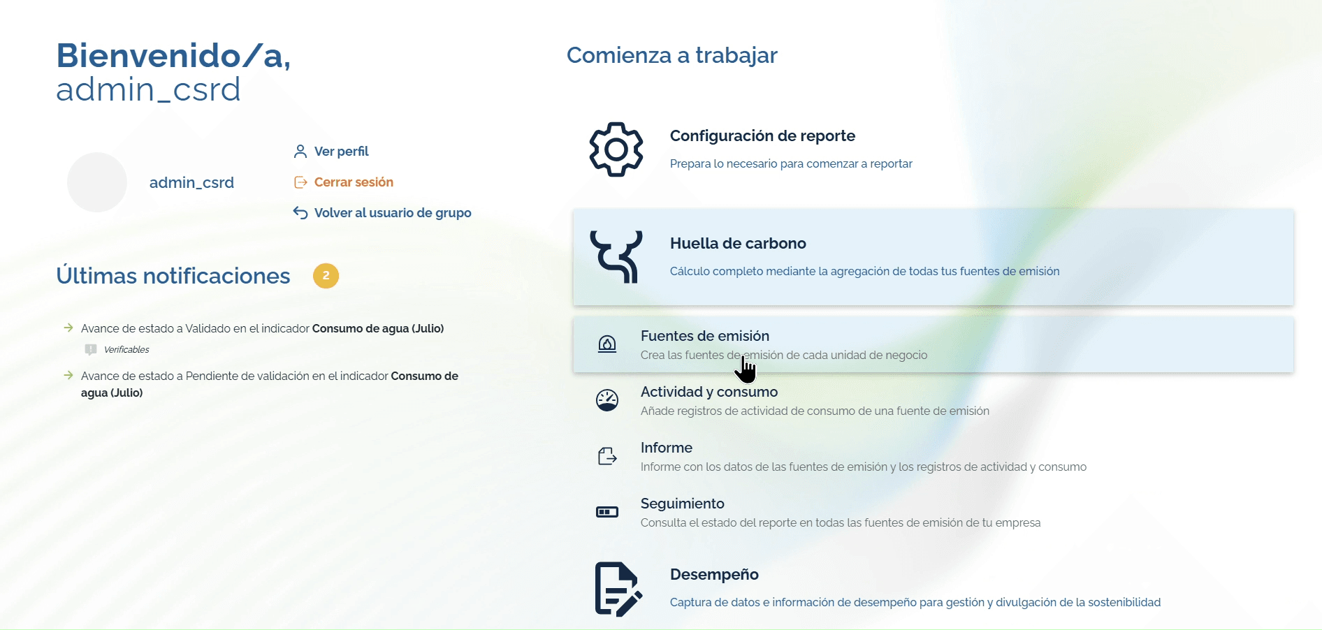 Step #2: Haz clic en el módulo de Huella de carbono > Fuentes de emisión