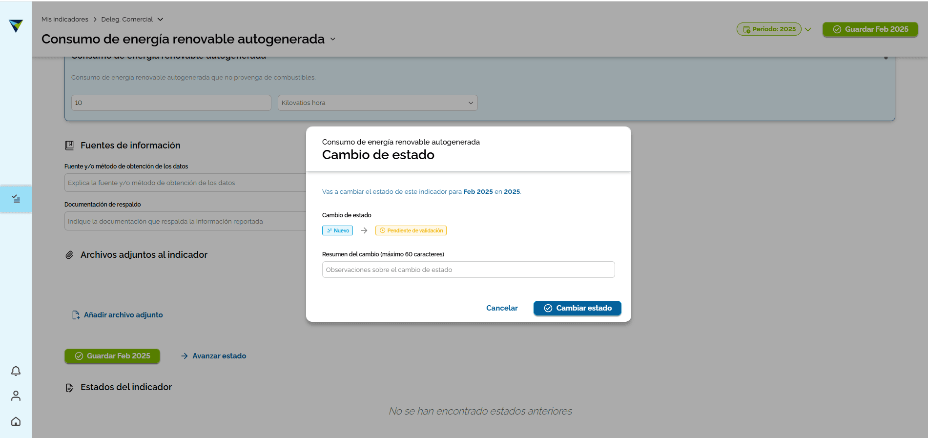 Step #9: Aparecerá una ventana indicando el cambio de estado. Si lo deseas, podrás agregar un detalle en el campo "Resumen del cambio". Luego, haz clic en "Cambio de estado" para continuar con el proceso.