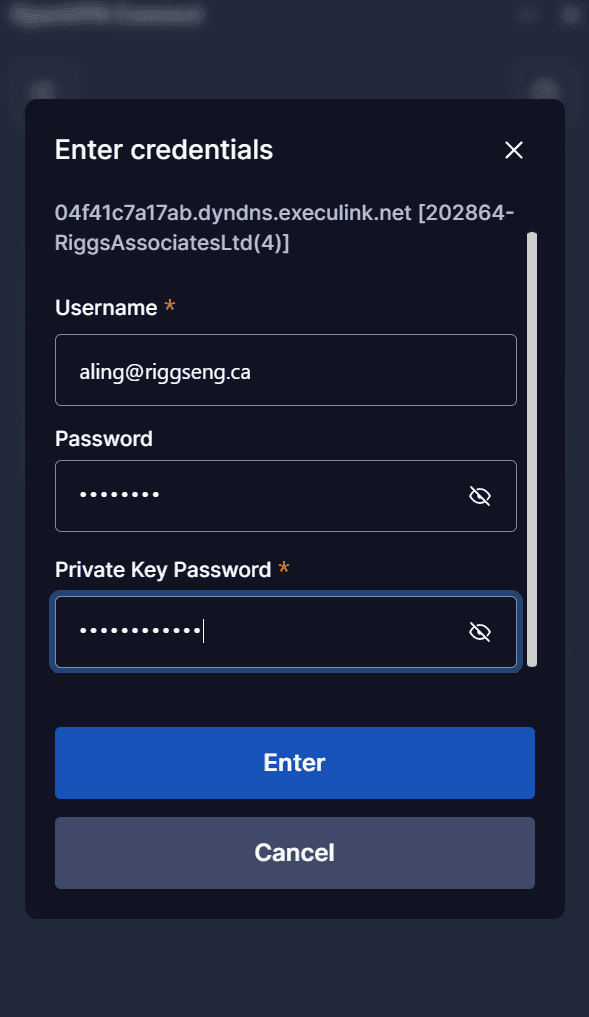 Step #13: Enter Username, Password and Private Key Password provided in the Email. Select Enter.