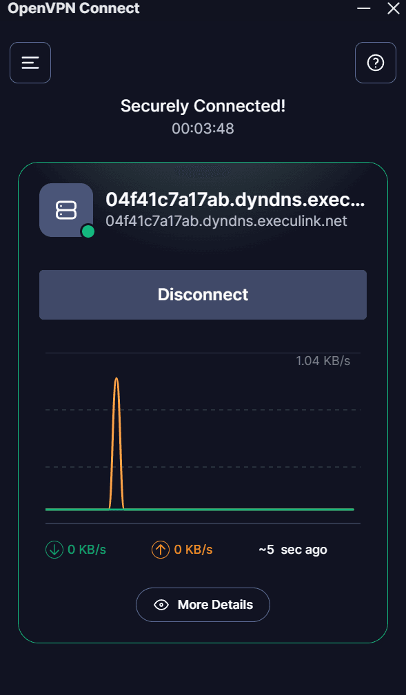 Step #14: You should be connected and can see some data going in and out. Disconnect so that you can edit the profile.