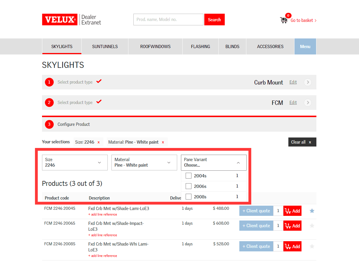 Step #5: Configure your selection by choosing the Size, Material (interior finish), and Pane Variant (glass type) from the dropdowns.
