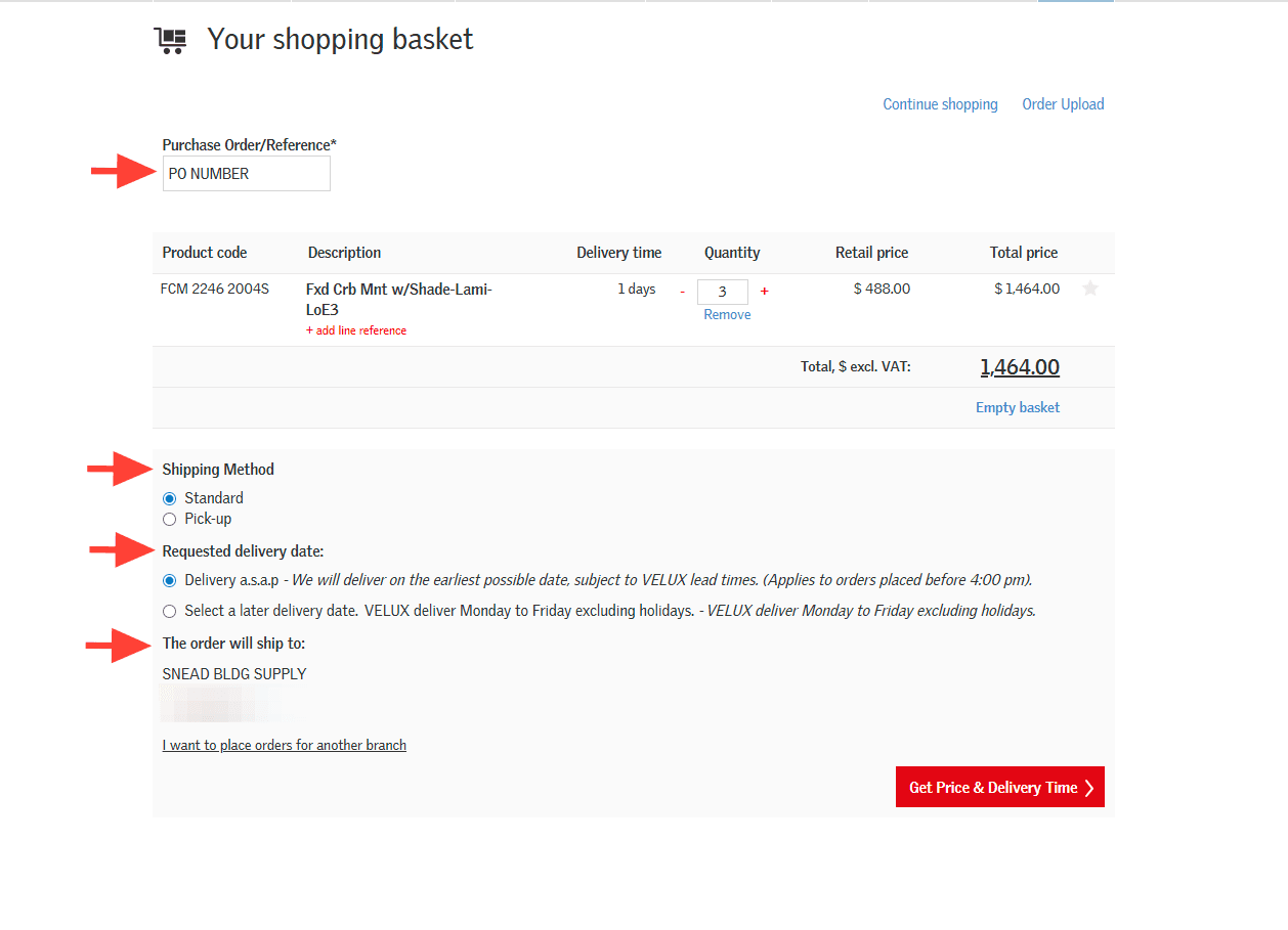 Step #7: Enter your PO number or job name if for a quote in the Purchase Order/Reference field. Note the Shipping Method defaults to standard and the Requested delivery date defaults to Delivery a.s.a.p but these can be adjusted as needed. Verify all information and click Get Price & Delivery Time.