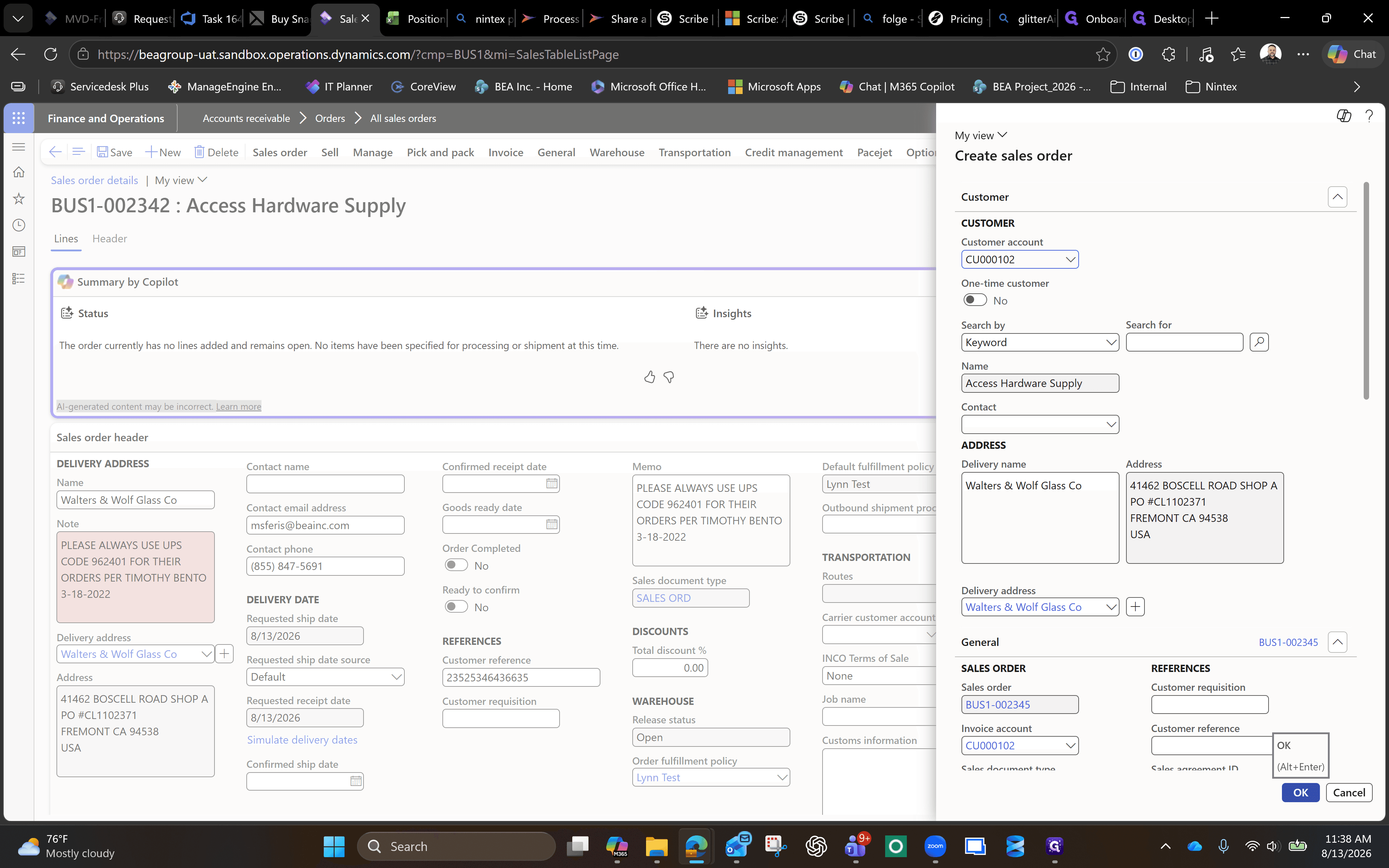 Step #6: Click OK at the bottom of the panel to confirm your details and successfully generate the new sales order.