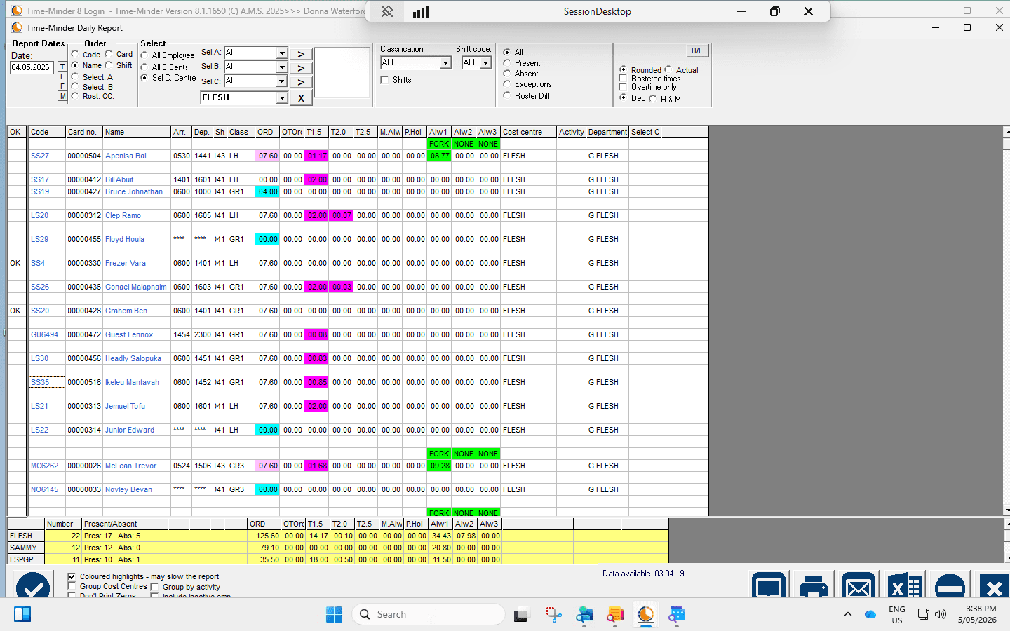 Step #1: Select employee 00000516 from the daily report grid to open the Corrections window.