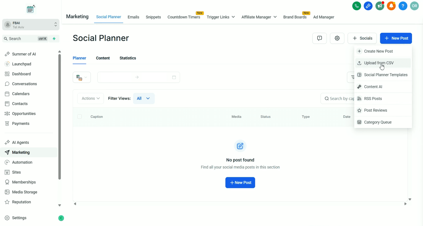 Step #4: לאחר לחיצה על יצירת פוסט חדש, לחץ על 'Upload from CSV' כדי להעלות הרבה פוסטים בבת אחת.