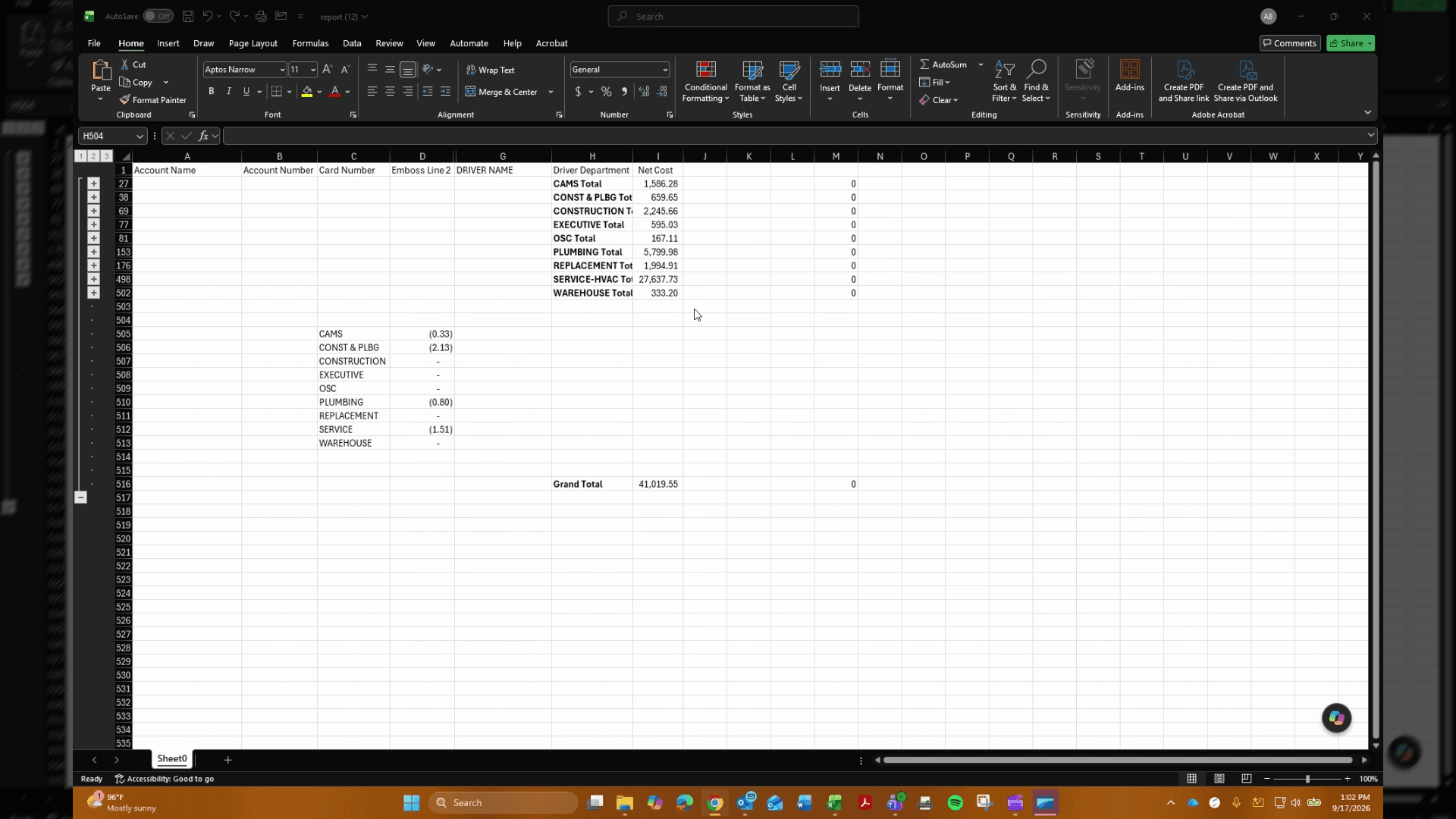 Step #2: In the Excel transaction report showing Account Name, Account Number, and Net Cost, calculate the sum of the Net Cost column.