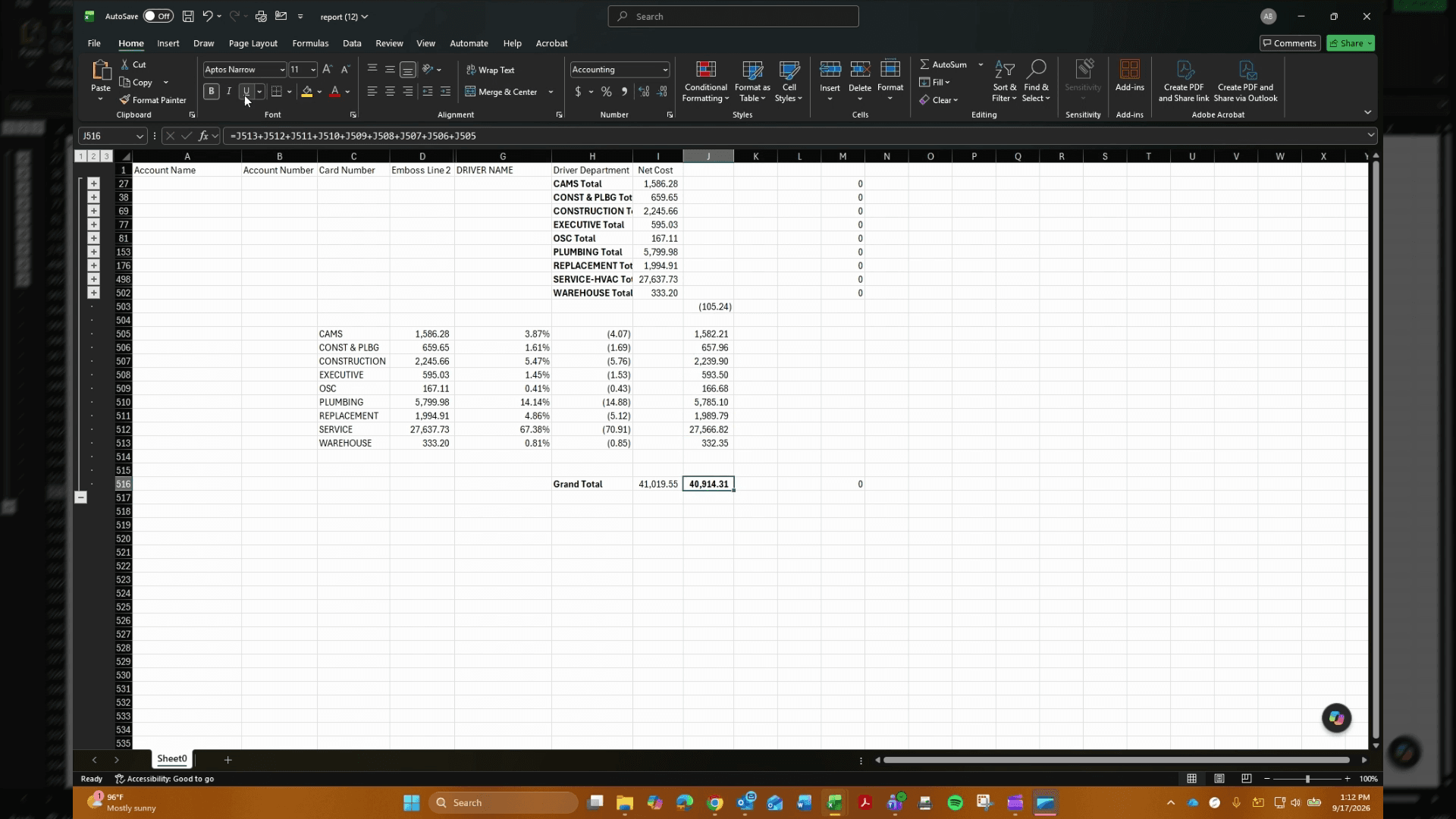 Step #1: Verify that the summary totals match the calculated sum across the financial report in cell J516.