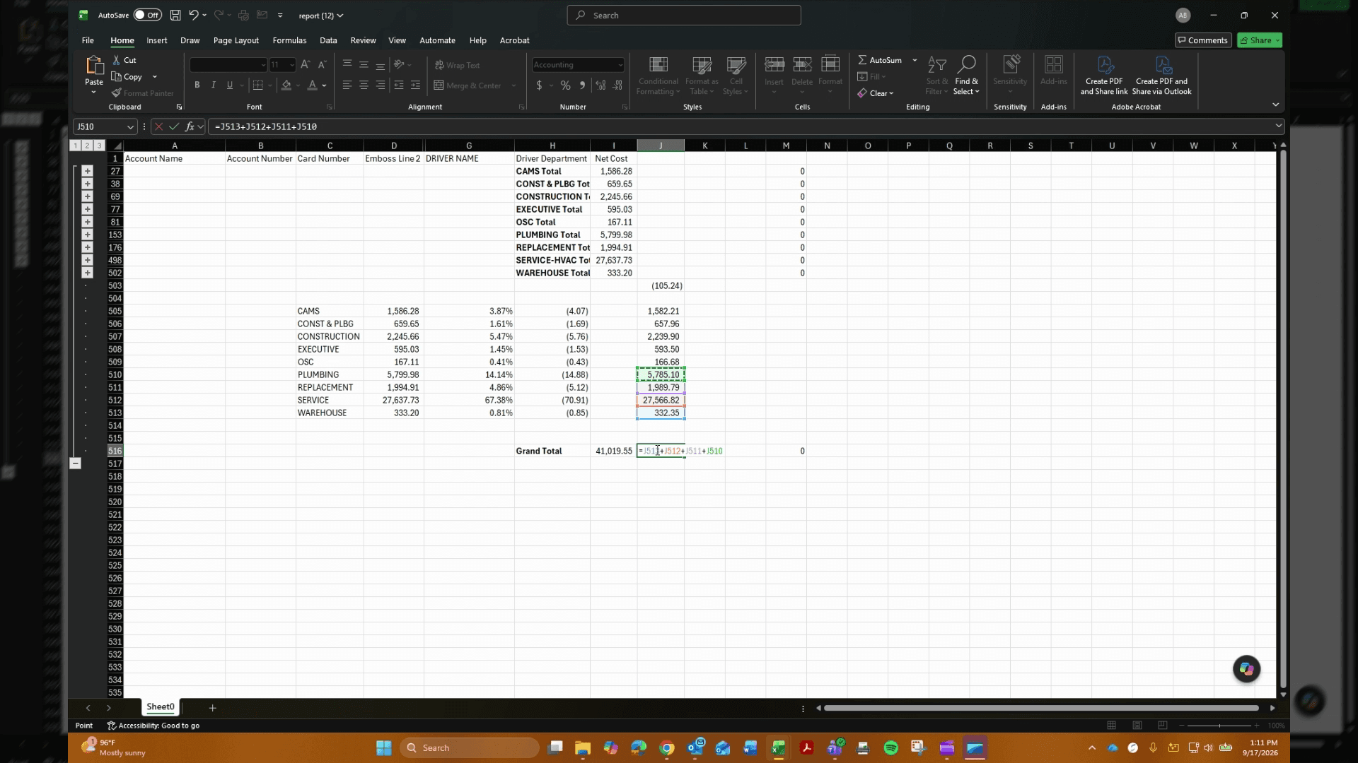 Step #6: Click cell J516 to adjust the formula range references.