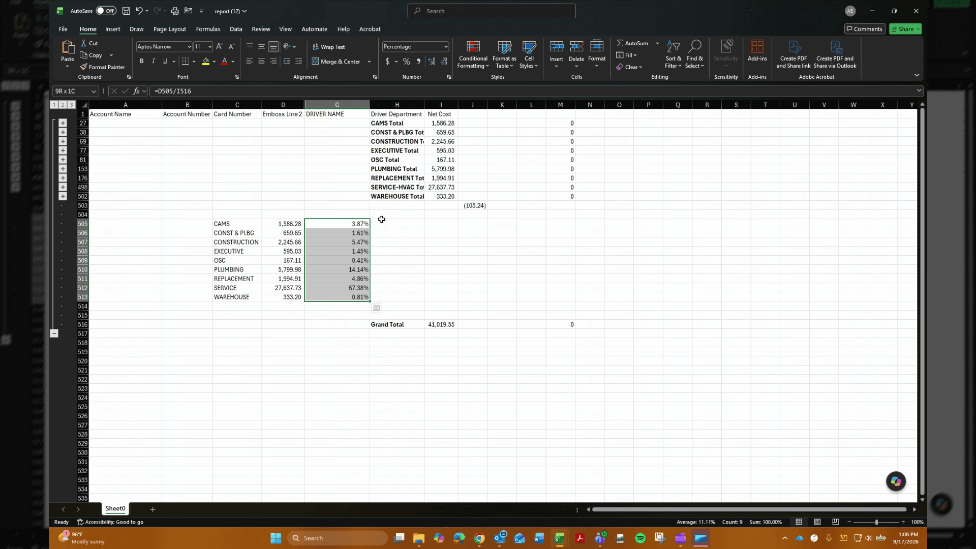 Step #4: In cell H515, calculate the subsequent department percentage.