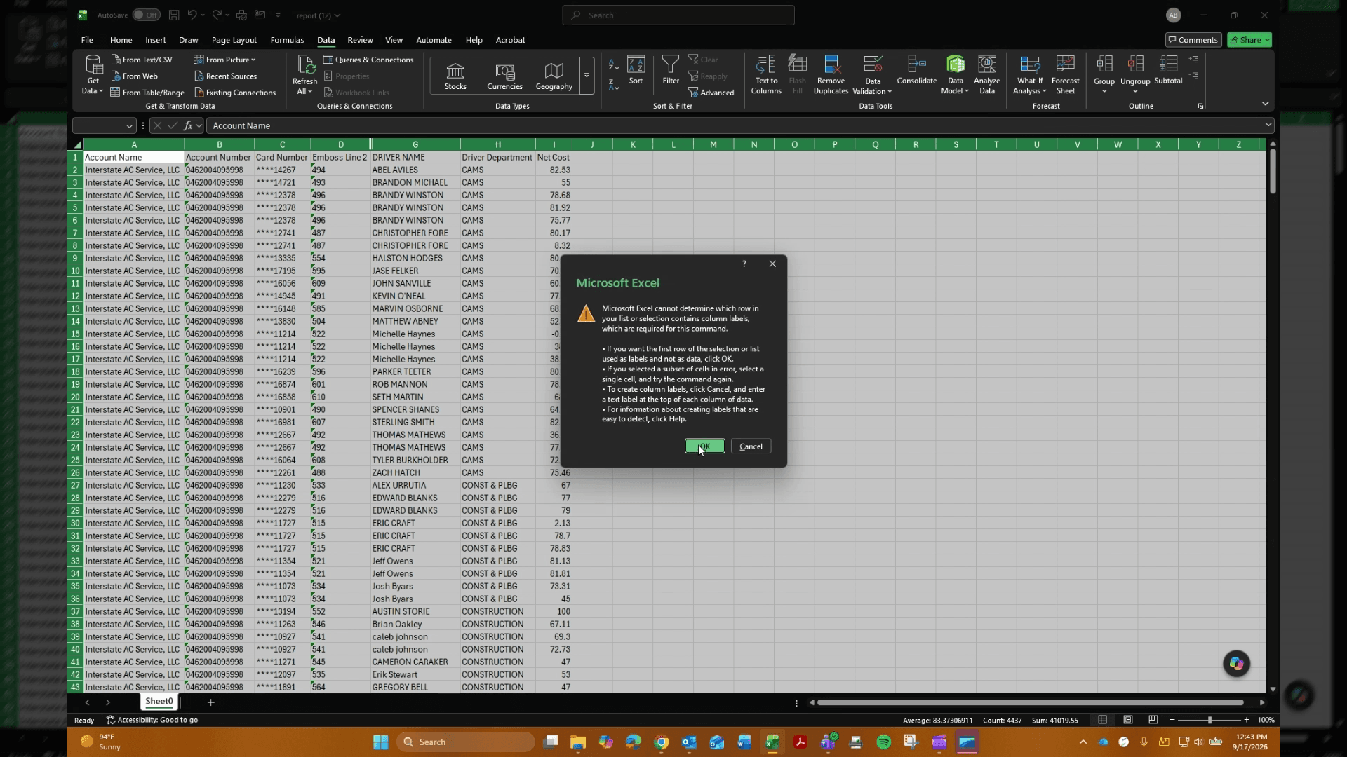 Step #2: In the Excel ribbon, go to Data > Subtotal, configure the subtotal settings, and click OK to calculate totals by driver.